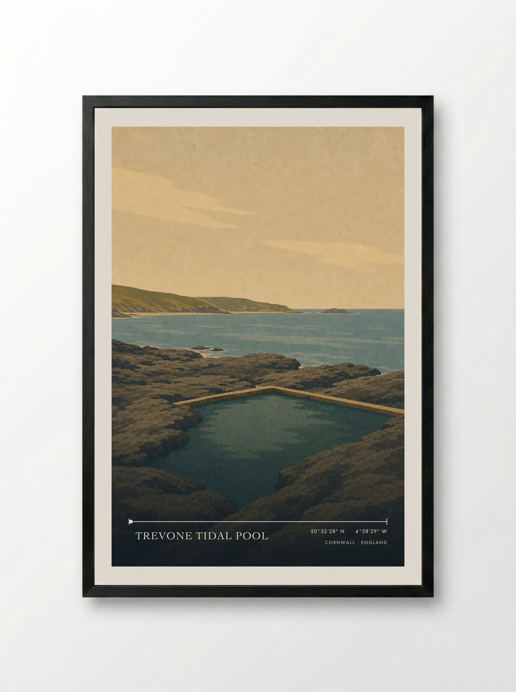 Trevone Tidal Pool Cornwall England Travel Poster - Framed Print Black