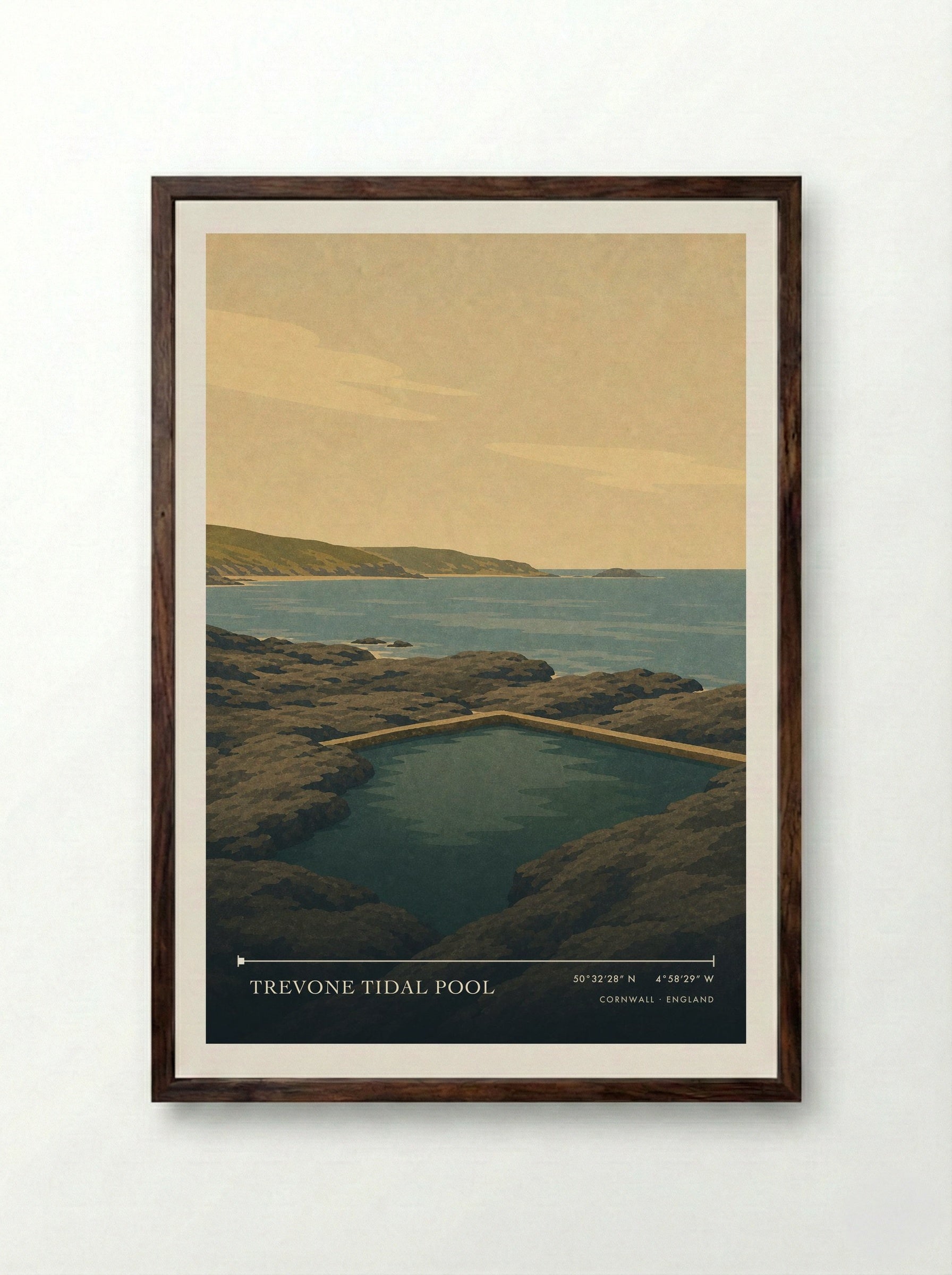 Trevone Tidal Pool Cornwall England Travel Poster - Framed Print Dark Wood