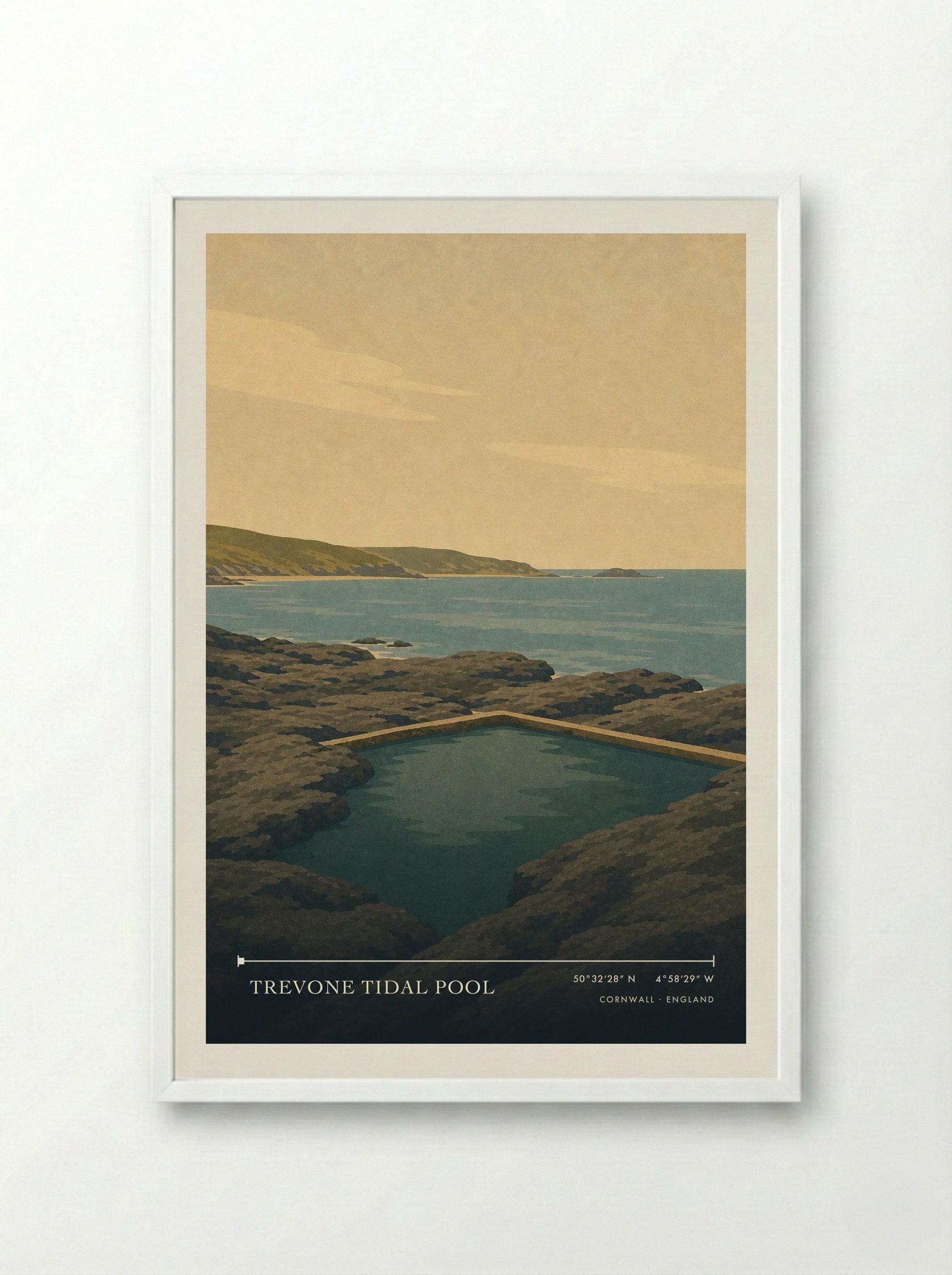 Trevone Tidal Pool Cornwall England Travel Poster - Framed Print White