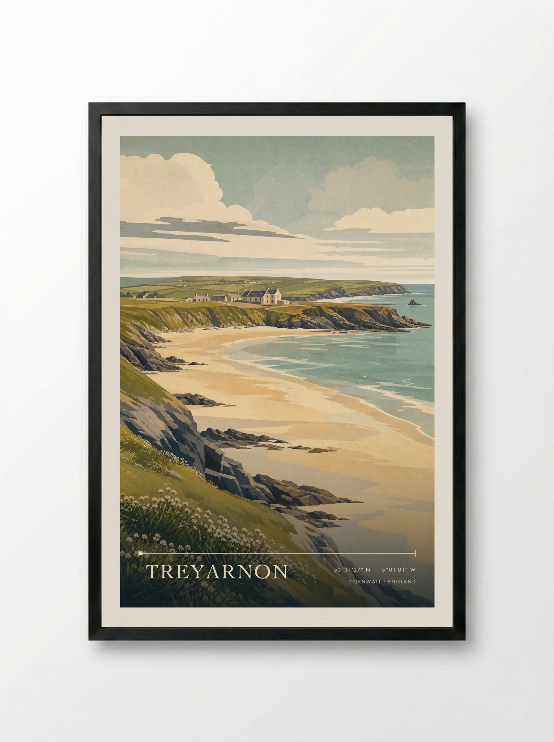 Treyarnon Cornwall England Travel Poster - Framed Print Black