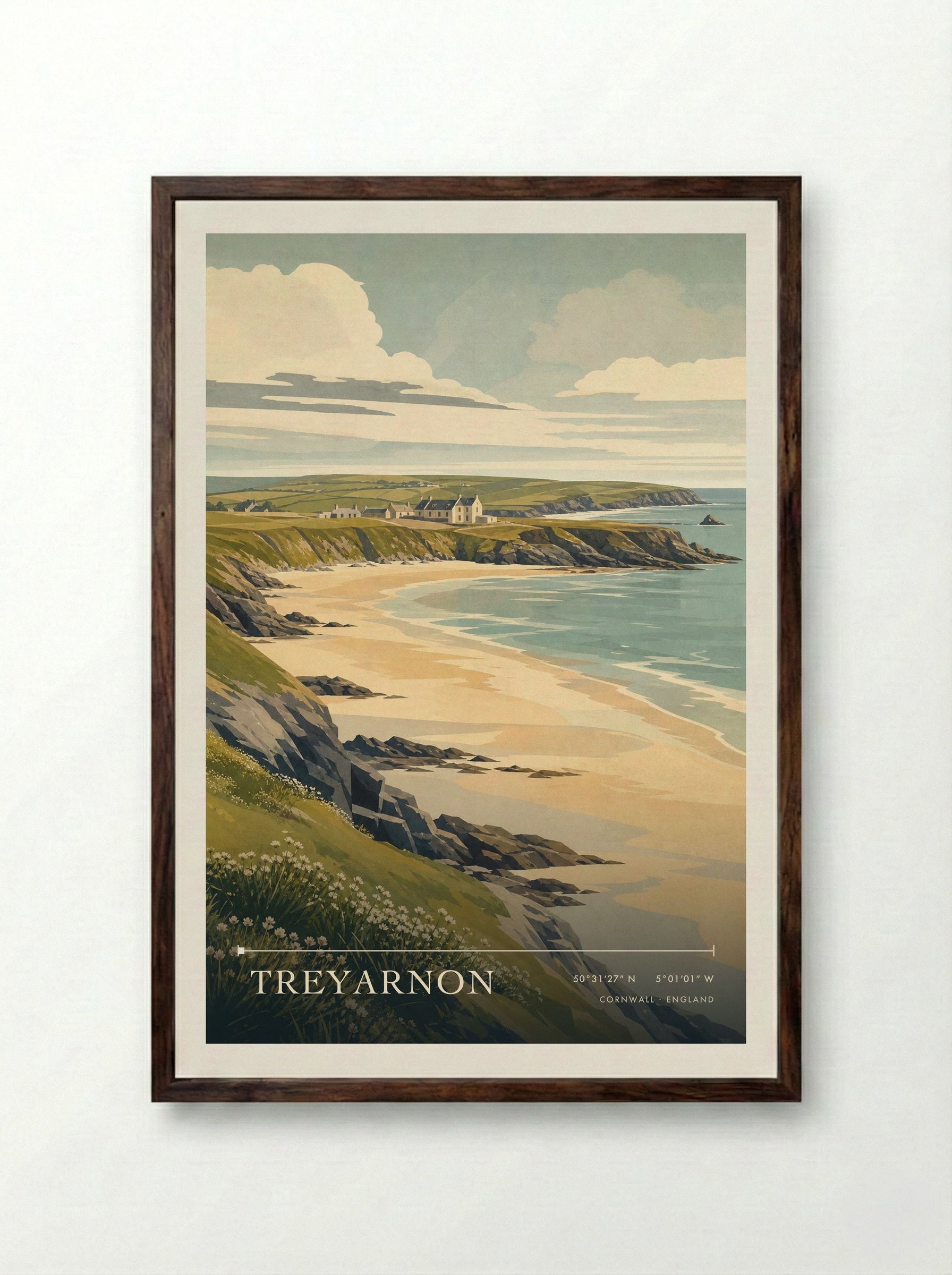 Treyarnon Cornwall England Travel Poster - Framed Print Dark Wood