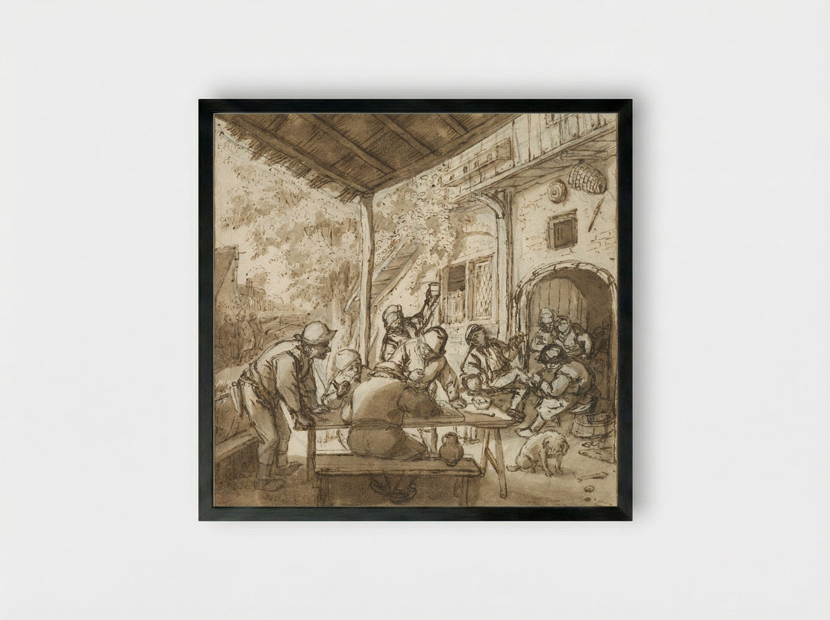 Tric Trac Players under an Arbor - Adriaen van Ostade - Framed Print Black