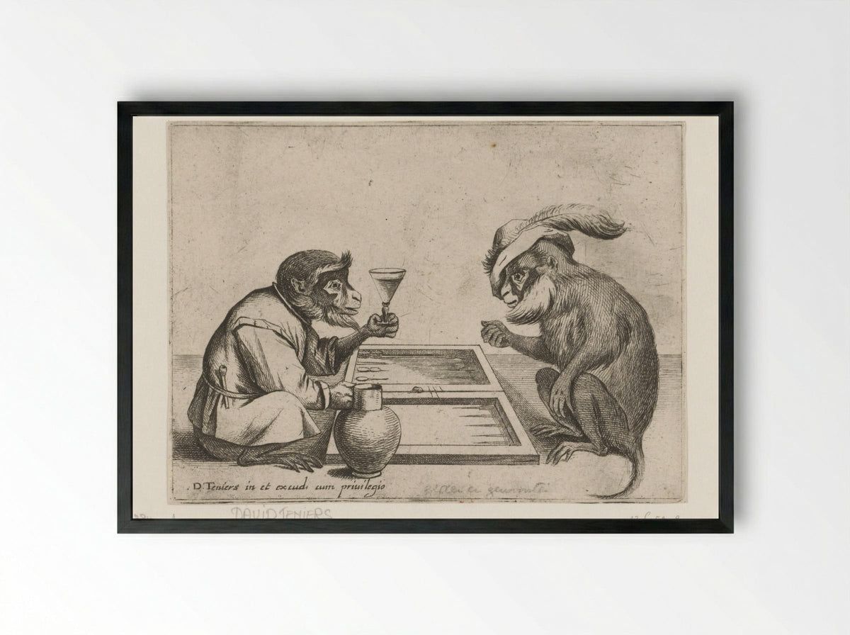 Tric-trac spelende apen - Quirin Boel - Framed Print Black