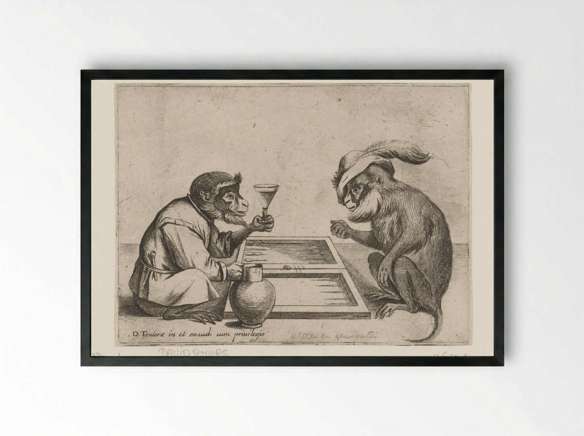 Tric-trac spelende apen - Quirin Boel - Framed Print Black
