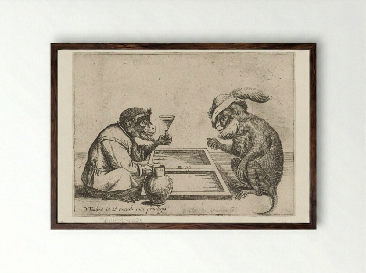 Tric-trac spelende apen - Quirin Boel - Framed Print Dark Wood