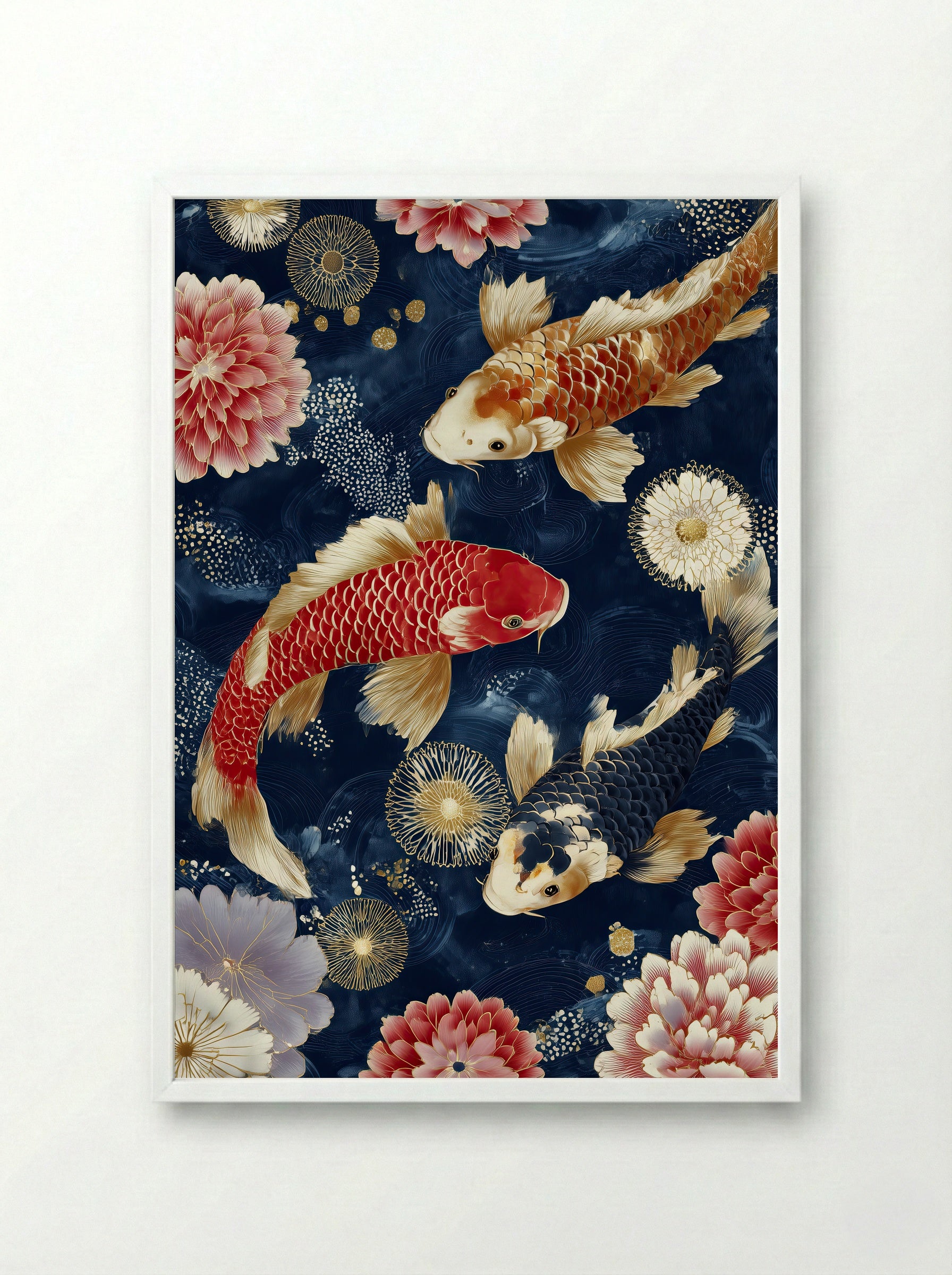 Trio of Koi Botanical Print in Crimson and Midnight - Framed Print White