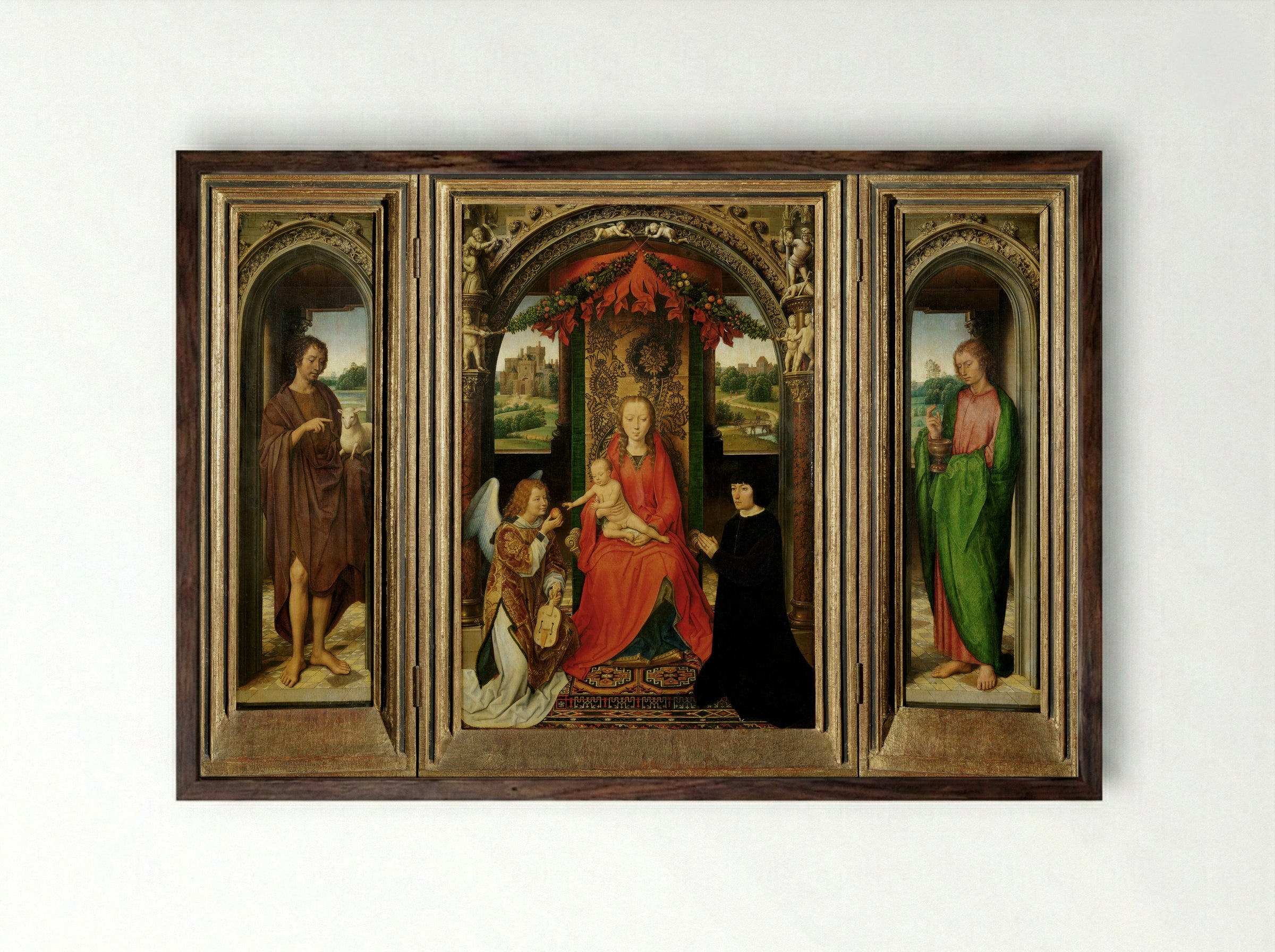 Triptych of St. John the Baptist and St. John the Evangelist - Hans Memling - Framed Print Dark Wood