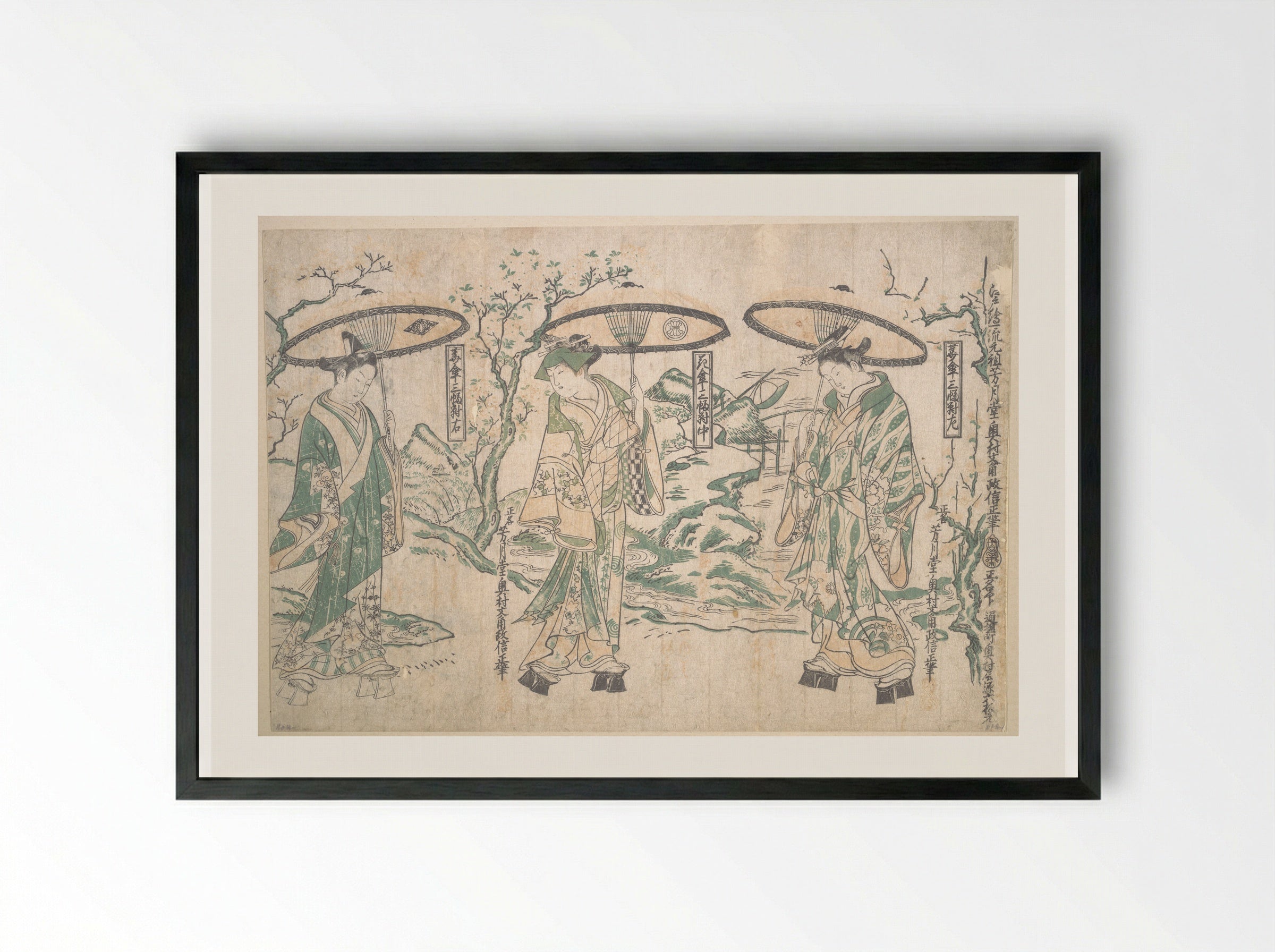 Triptych of Umbrellas - Okumura Masanobu - Framed Print Black