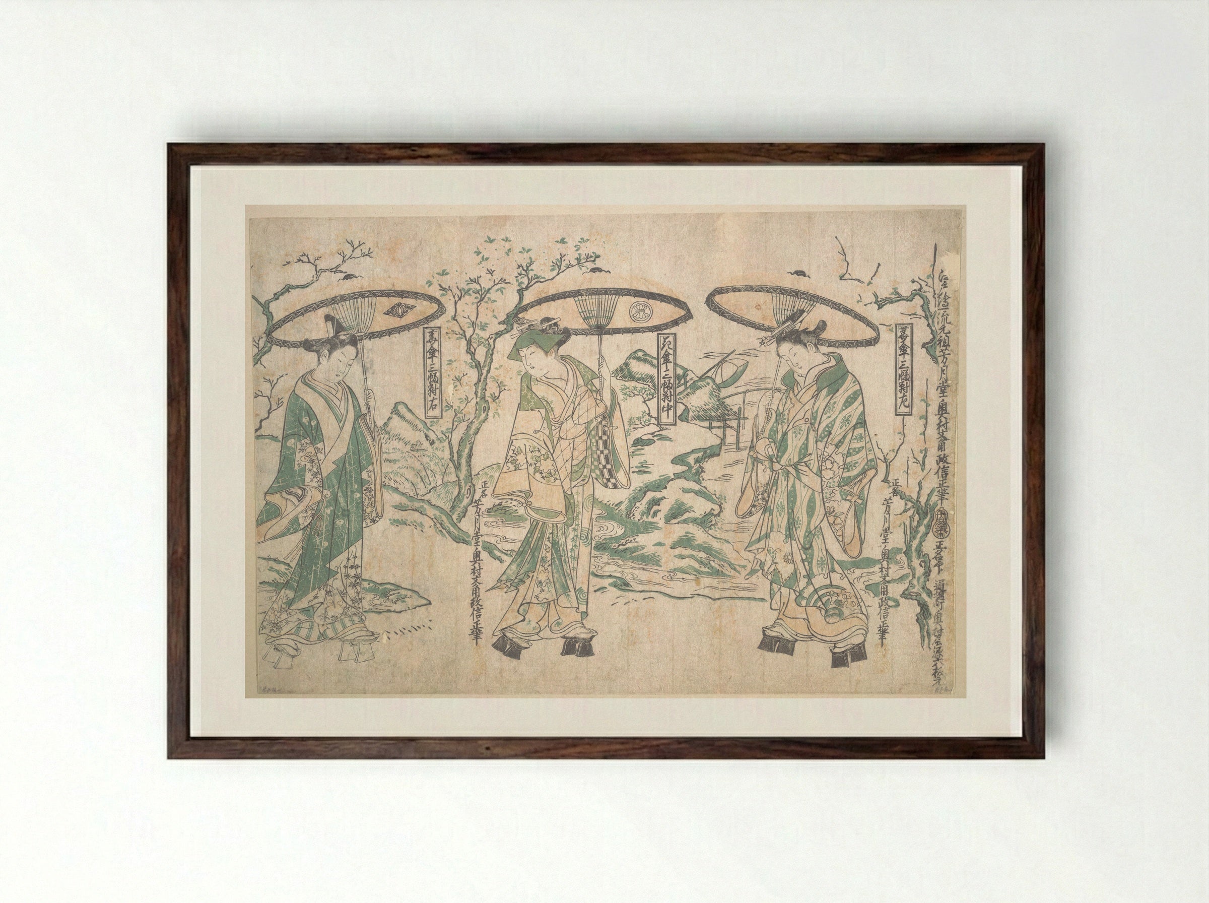 Triptych of Umbrellas - Okumura Masanobu - Framed Print Dark Wood