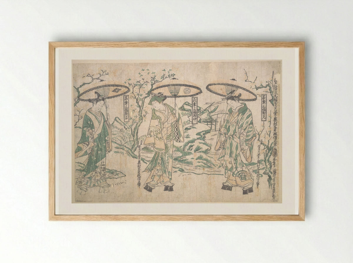Triptych of Umbrellas - Okumura Masanobu - Framed Print Wood