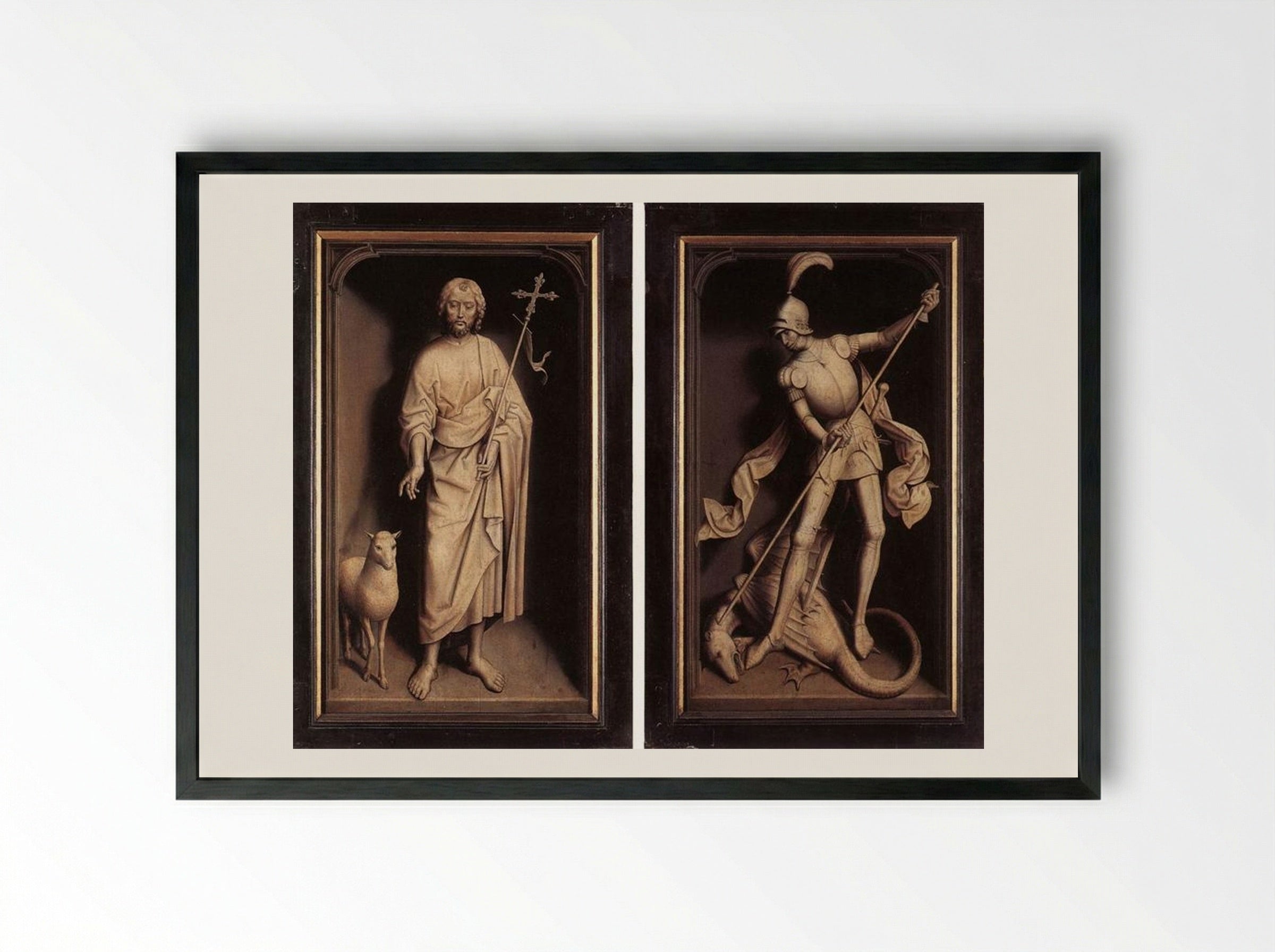 Triptych of the Family Moreel (closed shutters) - Hans Memling - Framed Print Black