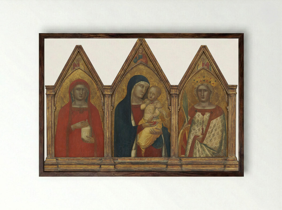 Triptych of the Madonna and Child with Saints - Pietro Lorenzetti - Framed Print Dark Wood
