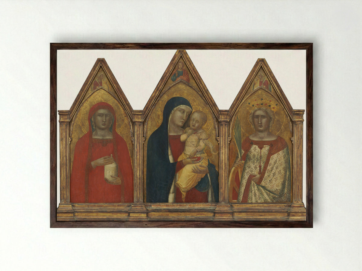 Triptych of the Madonna and Child with Saints - Pietro Lorenzetti - Framed Print Dark Wood