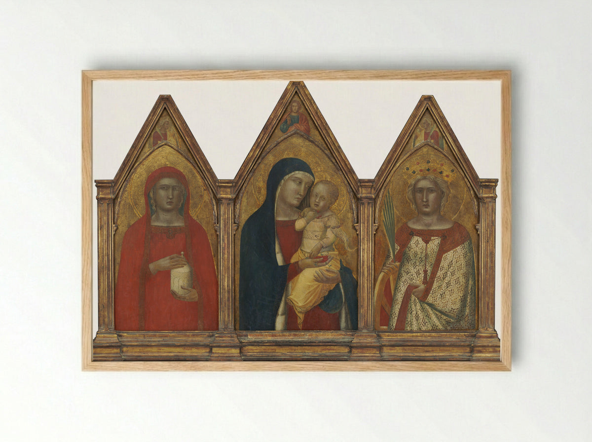 Triptych of the Madonna and Child with Saints - Pietro Lorenzetti - Framed Print Wood