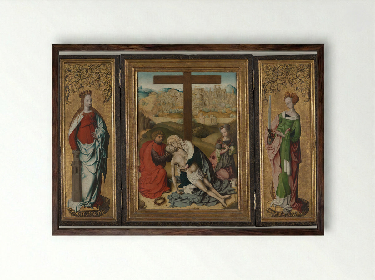 Triptych with The Lamentation of Christ - Master of the Krainburg Altar - Framed Print Dark Wood