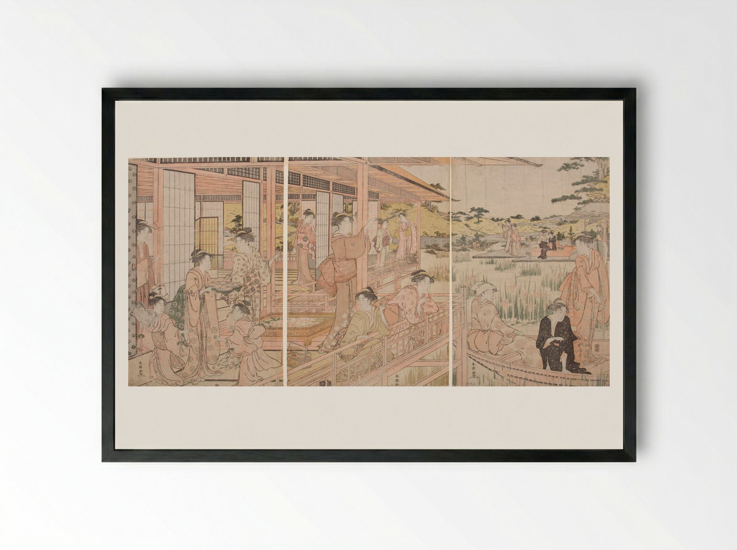 Triptych: Beauties on Verandah Admiring Iris Pond - Katsukawa Shunkō - Framed Print Black