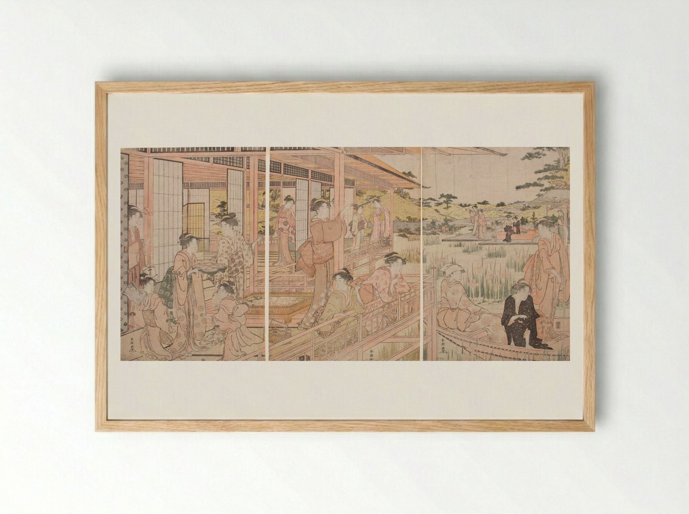 Triptych: Beauties on Verandah Admiring Iris Pond - Katsukawa Shunkō - Framed Print Wood