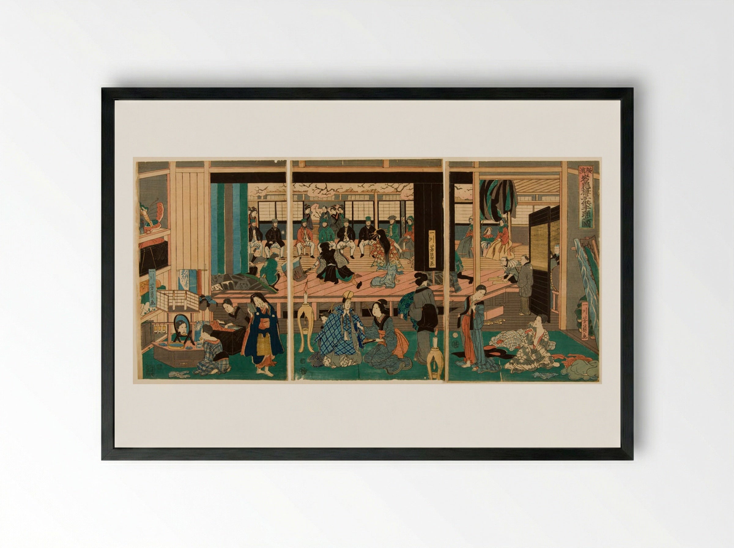 Triptych: Foreigners Enjoying Children's Kabuki at the Gankirō Tea House - Utagawa Yoshikazu - Framed Print Black