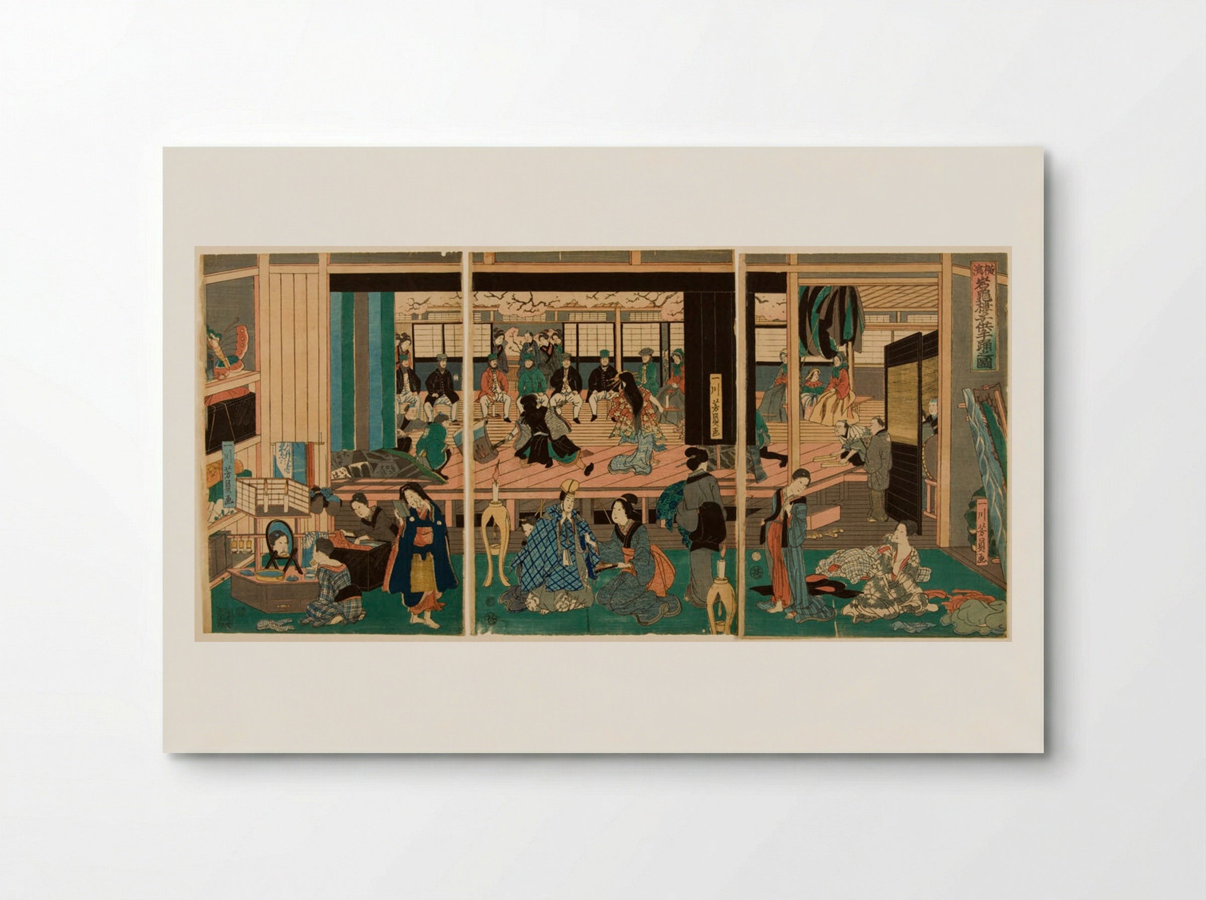 Triptych: Foreigners Enjoying Children's Kabuki at the Gankirō Tea House - Utagawa Yoshikazu - Poster