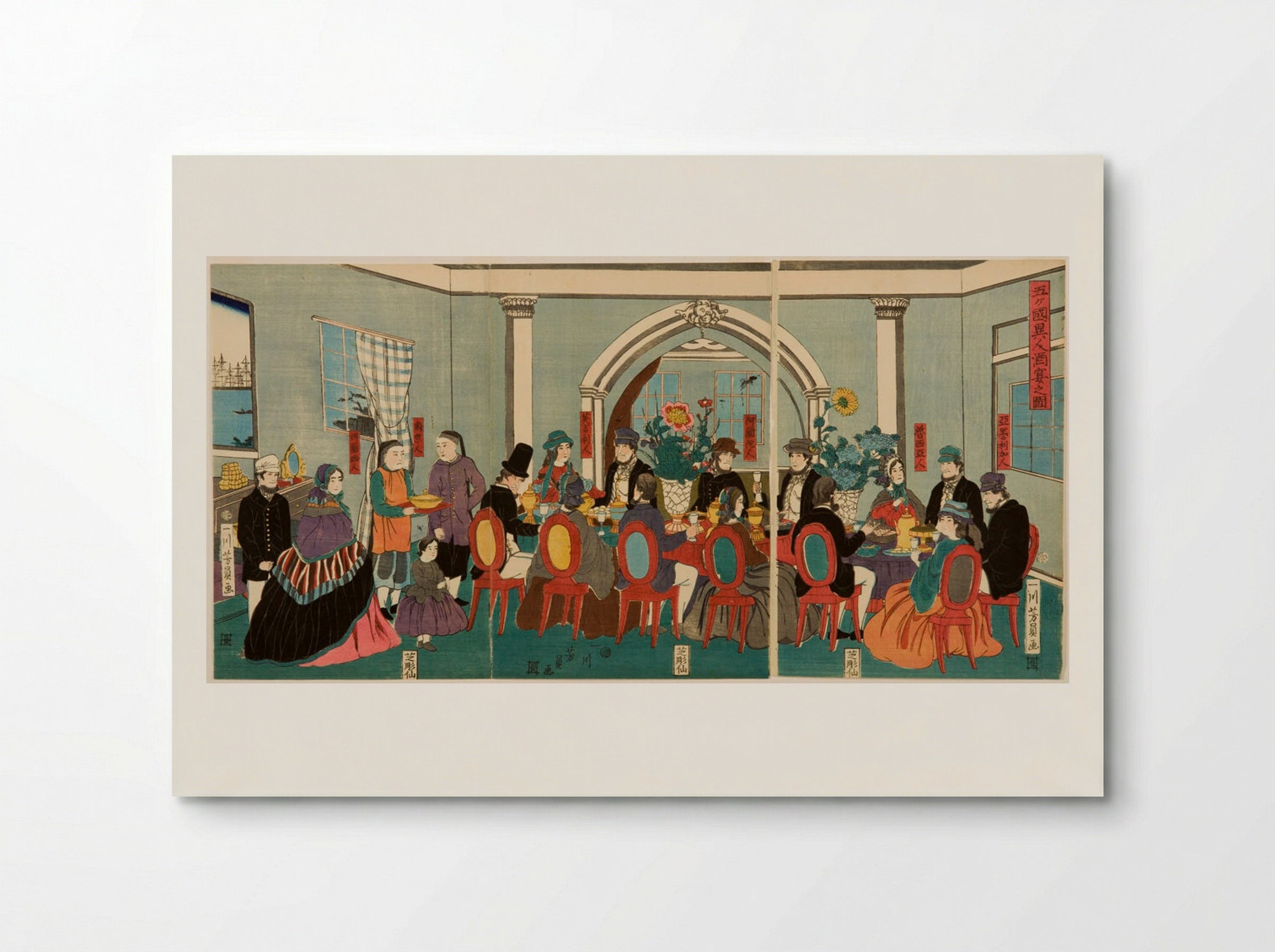 Triptych: Foreigners from the Five Nations enjoying a banquet - Utagawa Yoshikazu - Poster
