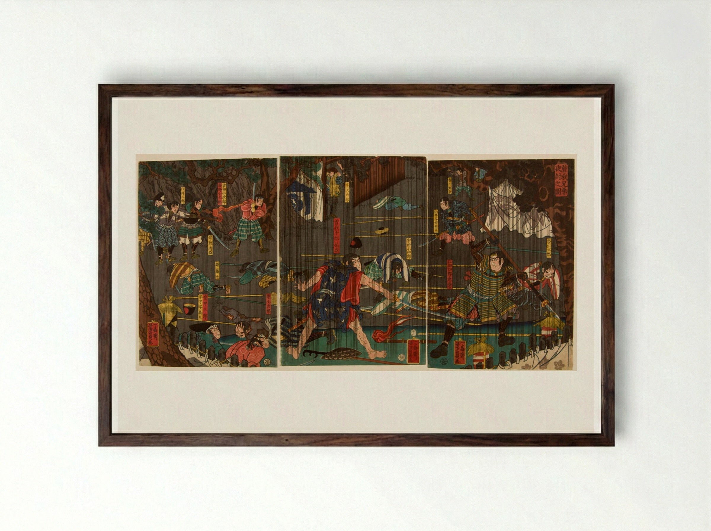 Triptych: Nocturnal Battle in Rain - Utagawa Yoshikazu - Framed Print Dark Wood