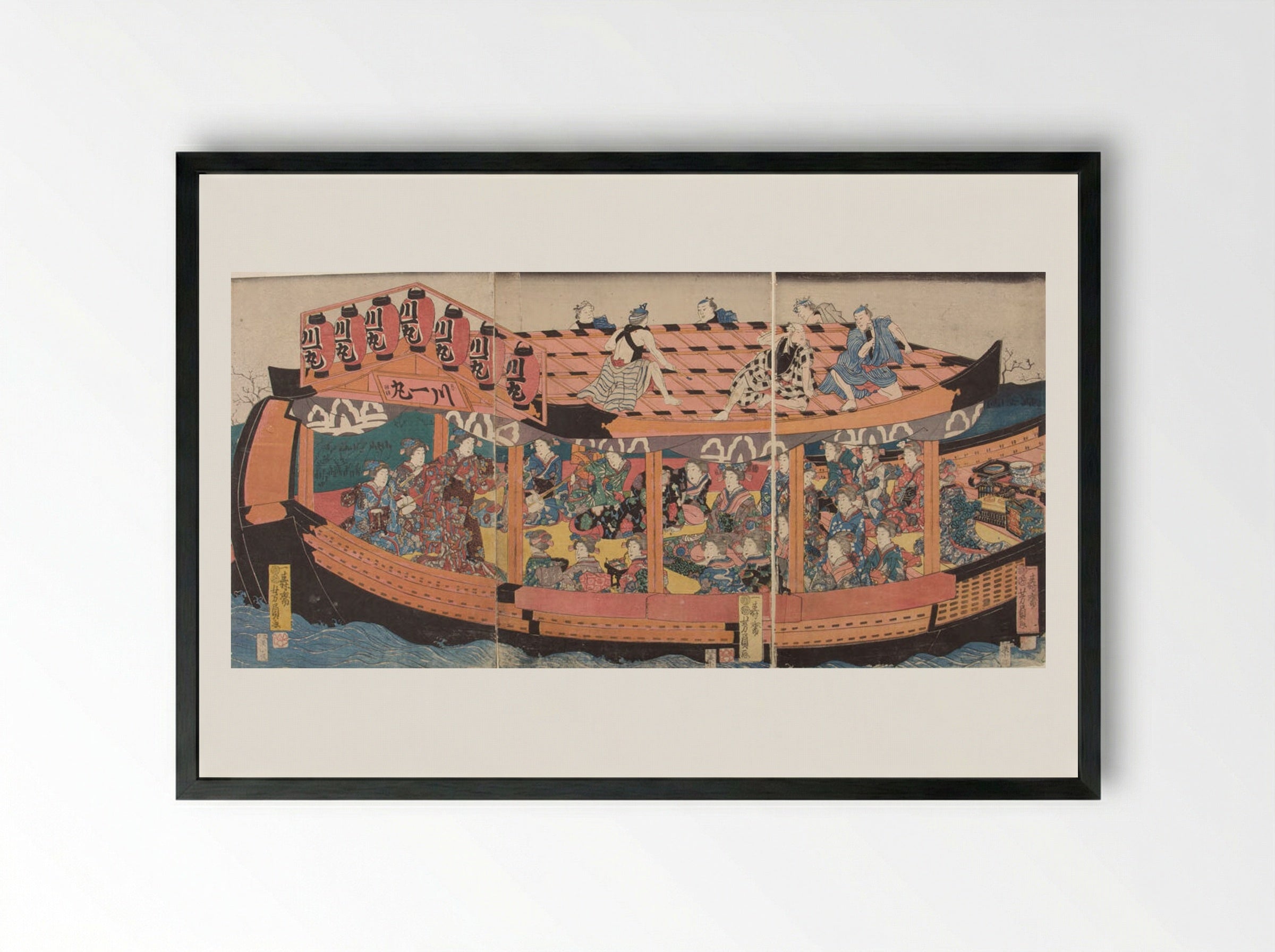 Triptych: Pleasure Barge with Laborers on Roof - Utagawa Yoshikazu - Framed Print Black