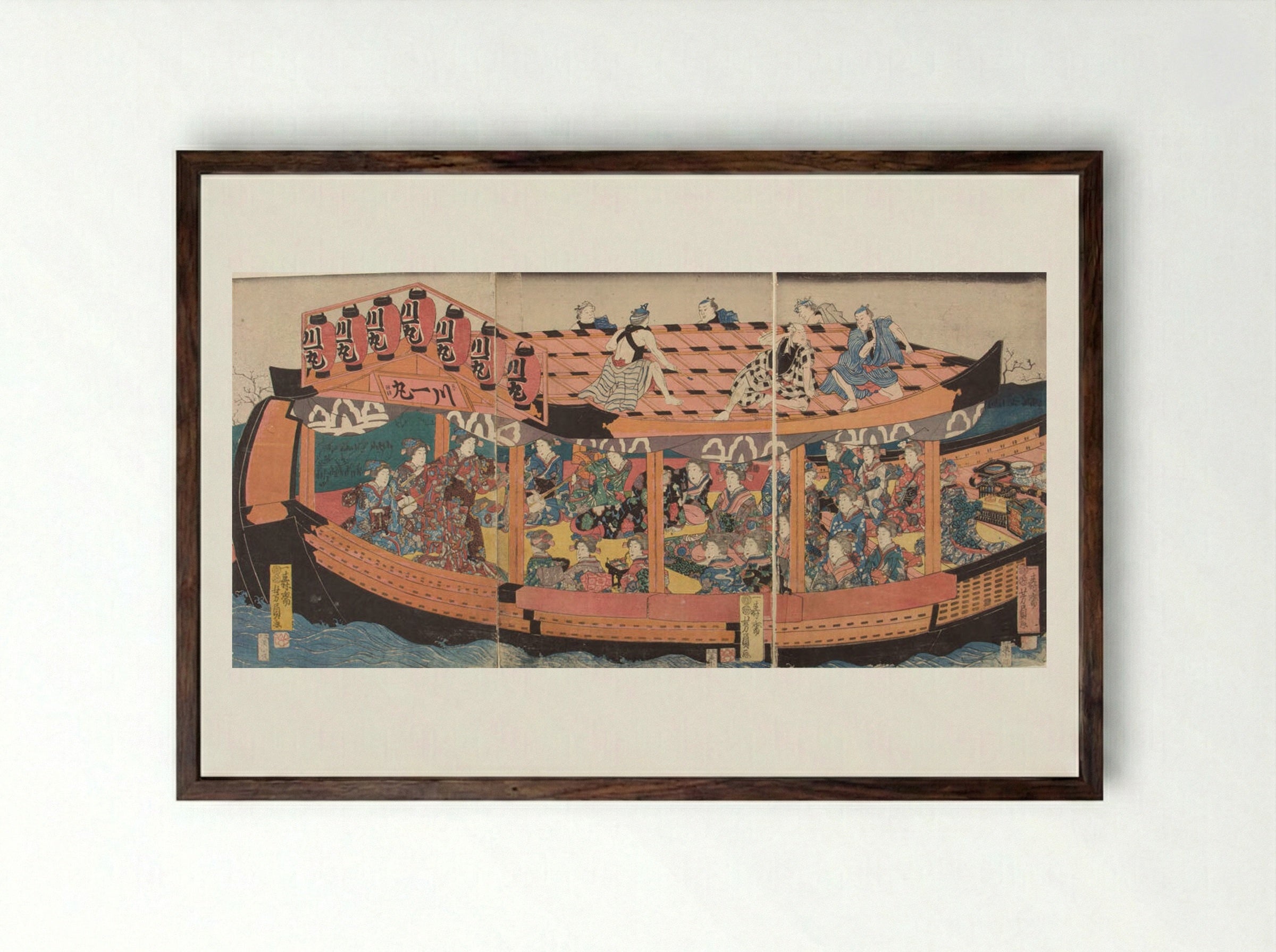 Triptych: Pleasure Barge with Laborers on Roof - Utagawa Yoshikazu - Framed Print Dark Wood
