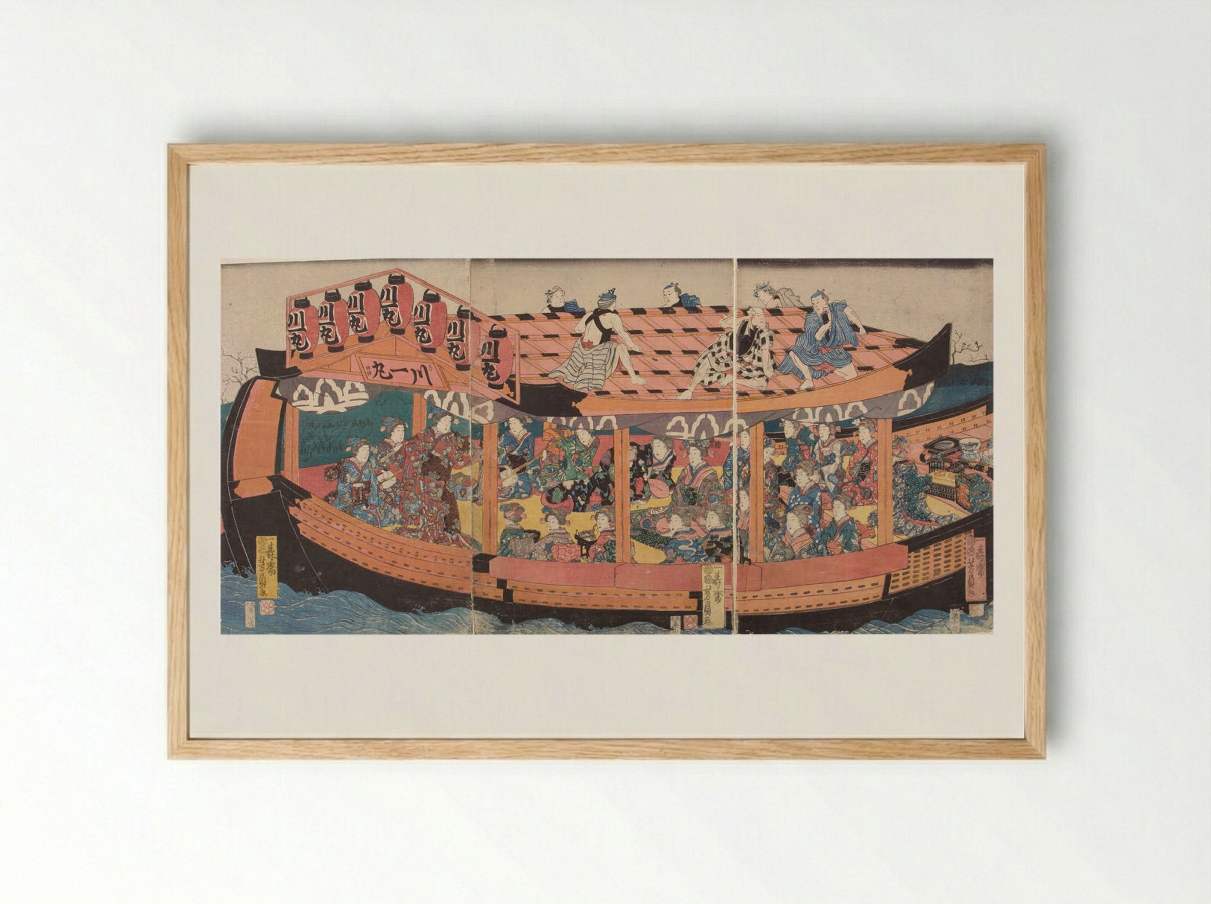 Triptych: Pleasure Barge with Laborers on Roof - Utagawa Yoshikazu - Framed Print Wood