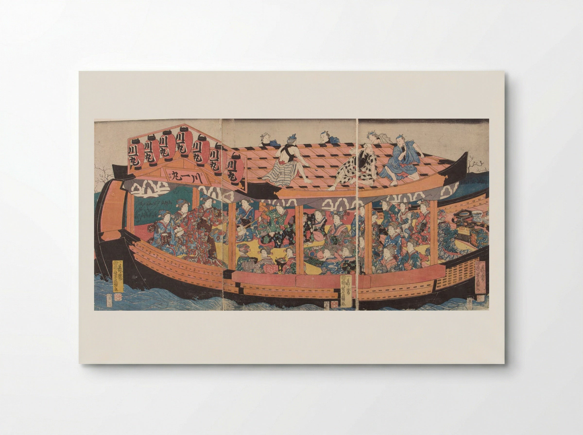 Triptych: Pleasure Barge with Laborers on Roof - Utagawa Yoshikazu - Poster