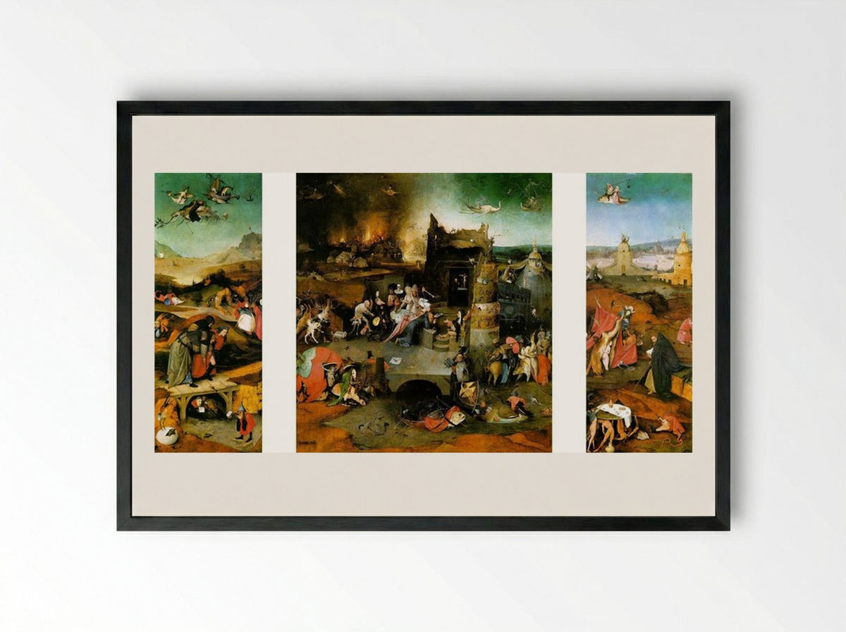 Triptych: The Temptation of St. Anthony - Hieronymus Bosch - Framed Print Black