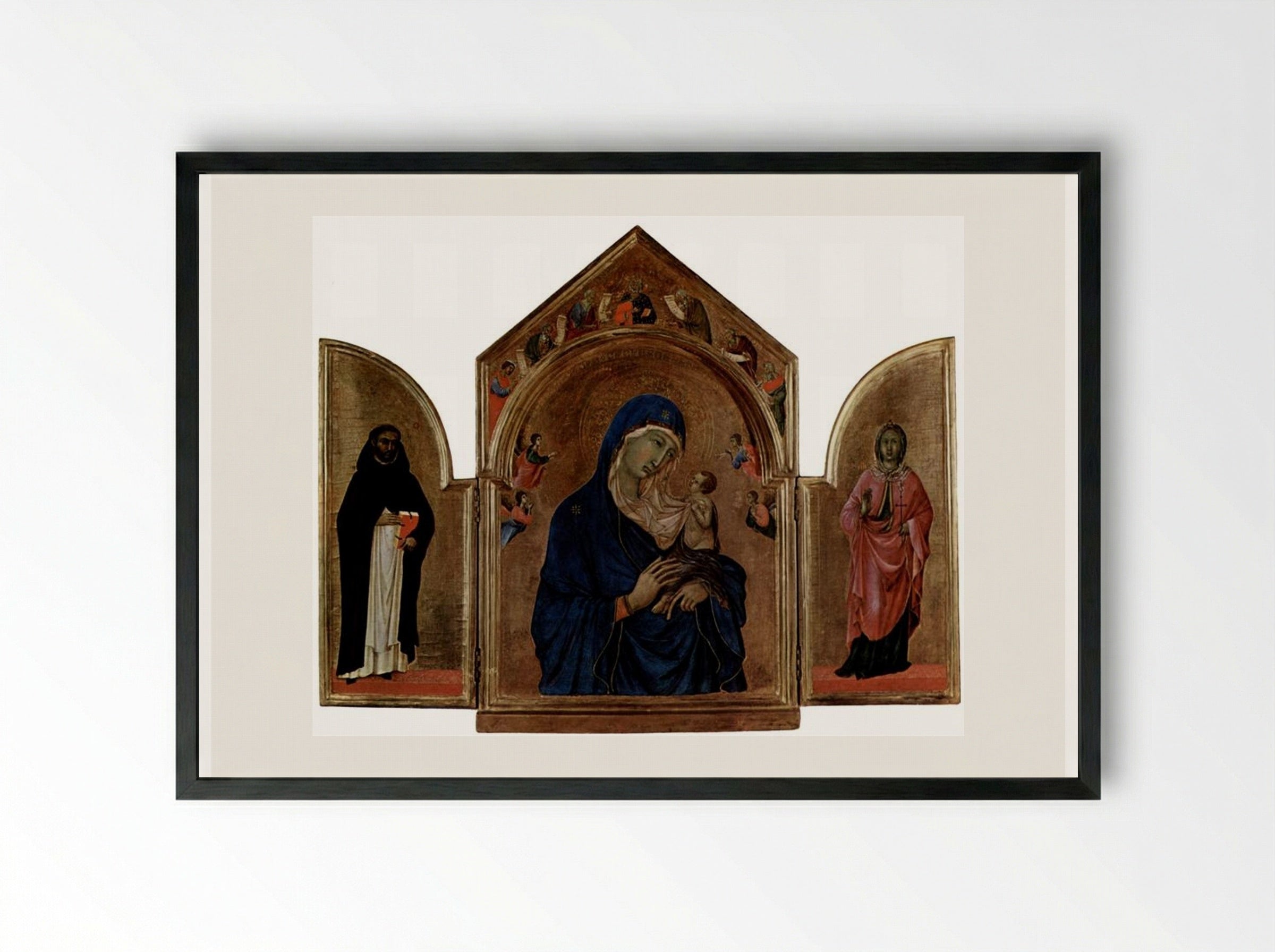 Triptych: The Virgin and Child with Angels and Saints - Duccio di Buoninsegna - Framed Print Black