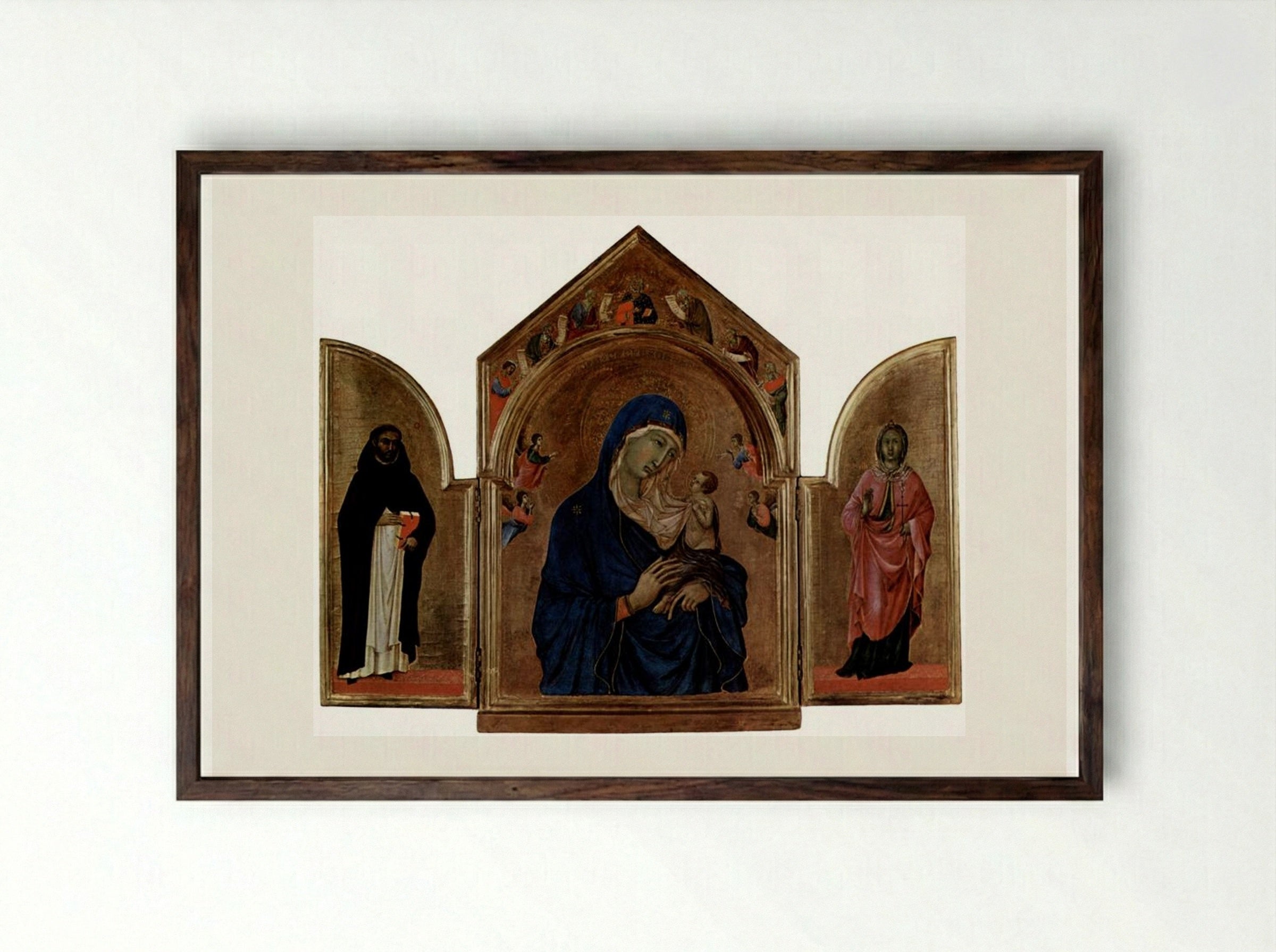 Triptych: The Virgin and Child with Angels and Saints - Duccio di Buoninsegna - Framed Print Dark Wood