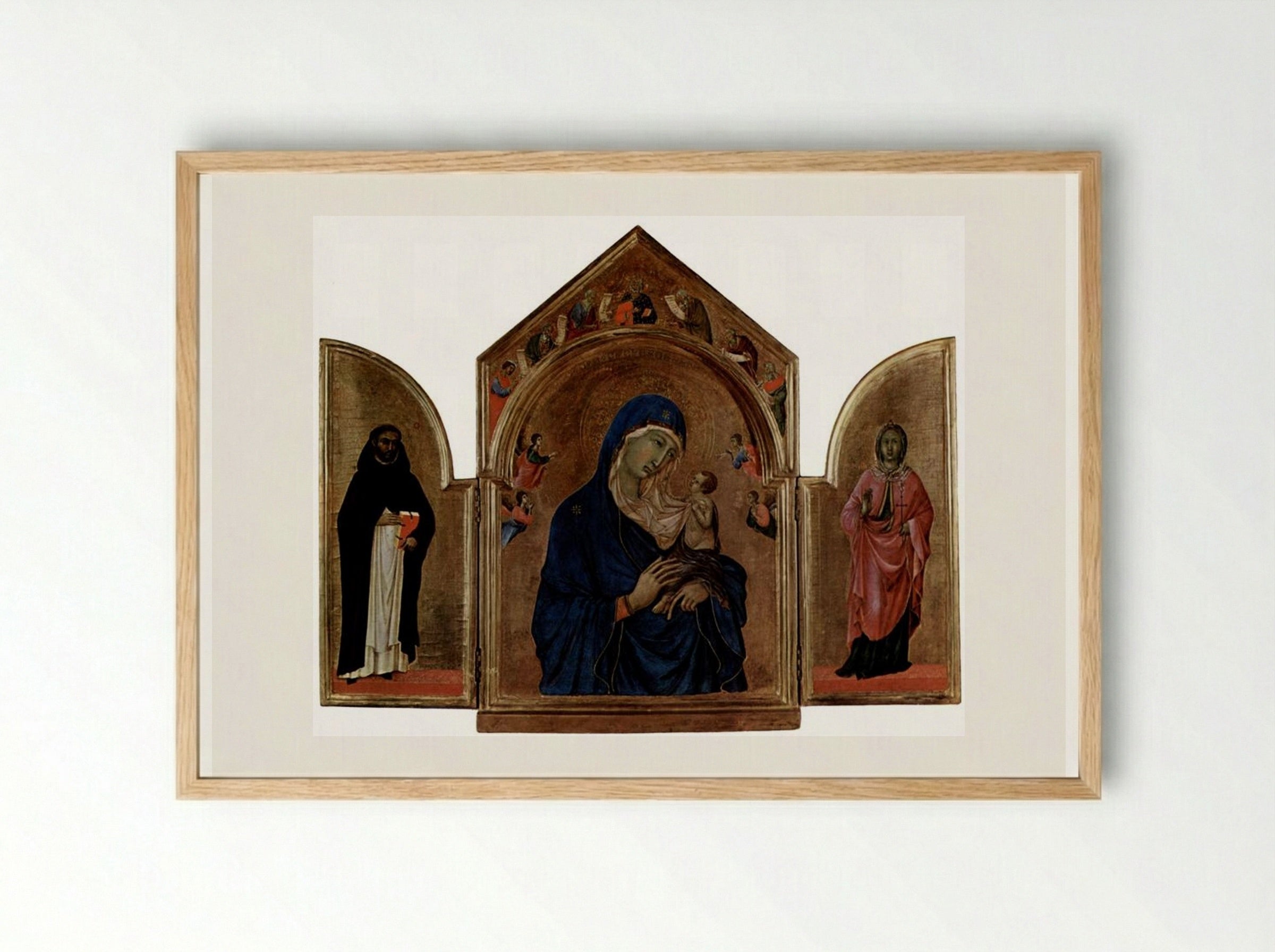 Triptych: The Virgin and Child with Angels and Saints - Duccio di Buoninsegna - Framed Print Wood