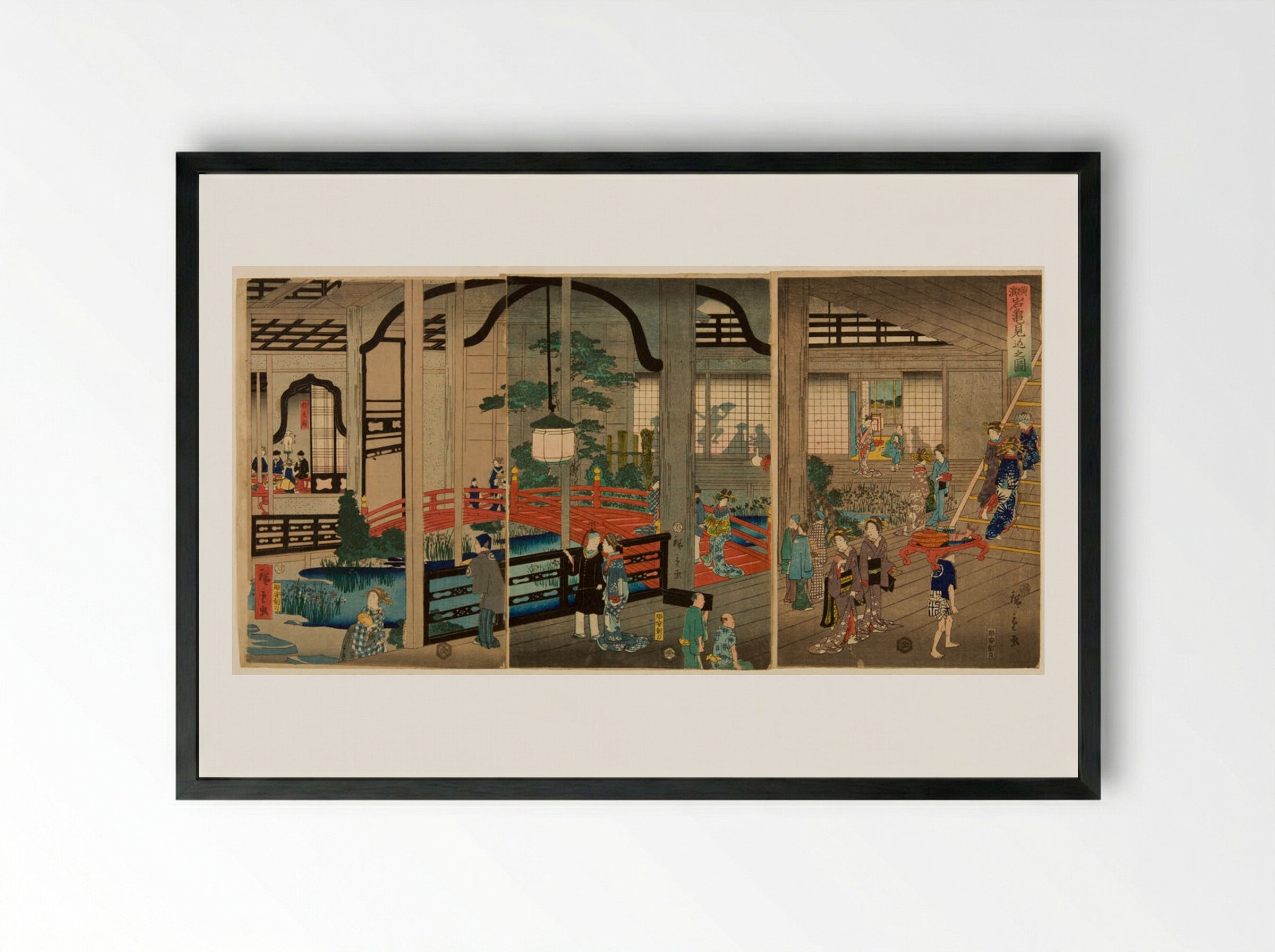 Triptych: View of the Interior of the Gankirō Tea House in Yokohama - Utagawa Hiroshige II - Framed Print Black