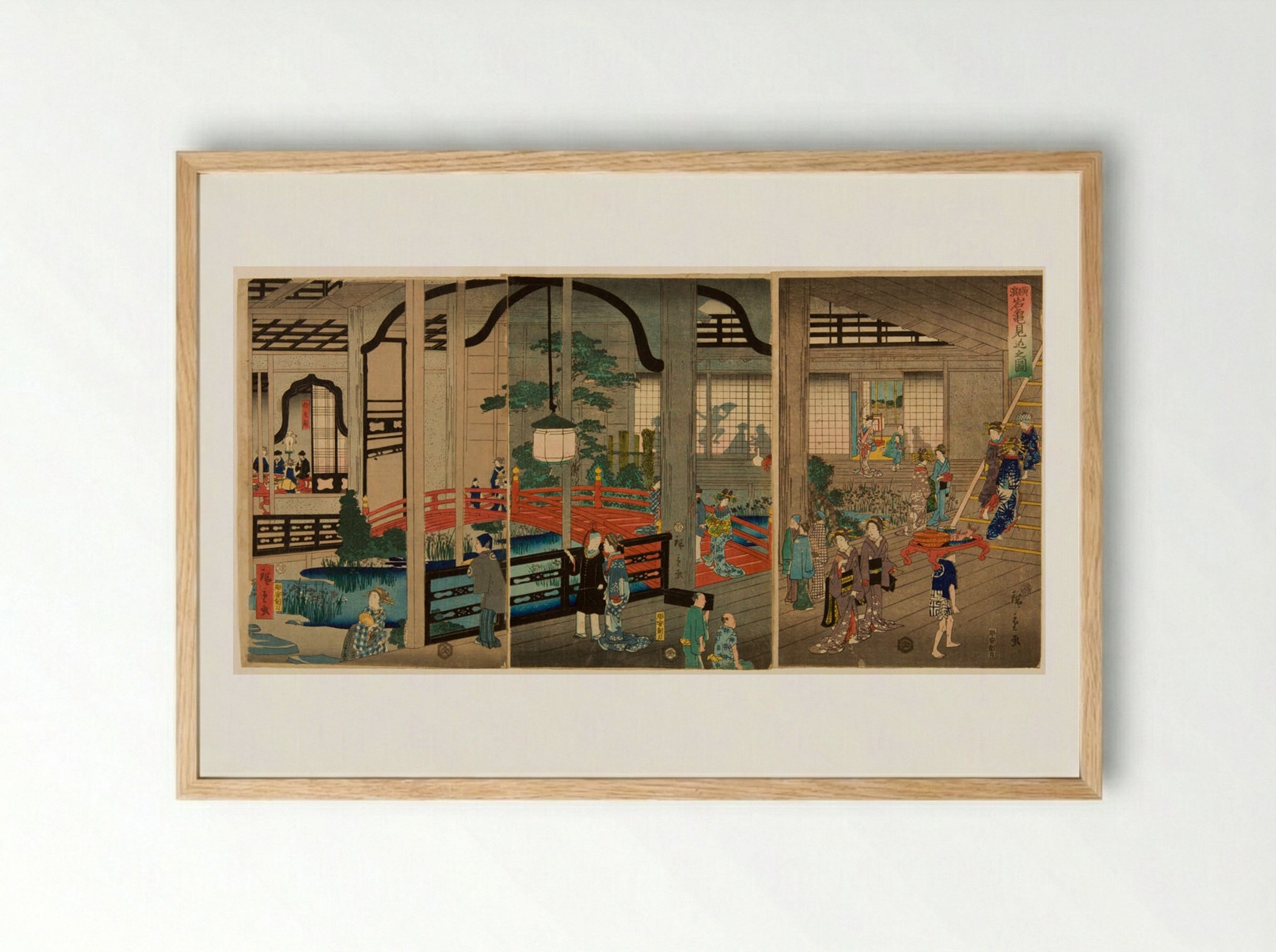 Triptych: View of the Interior of the Gankirō Tea House in Yokohama - Utagawa Hiroshige II - Framed Print Wood