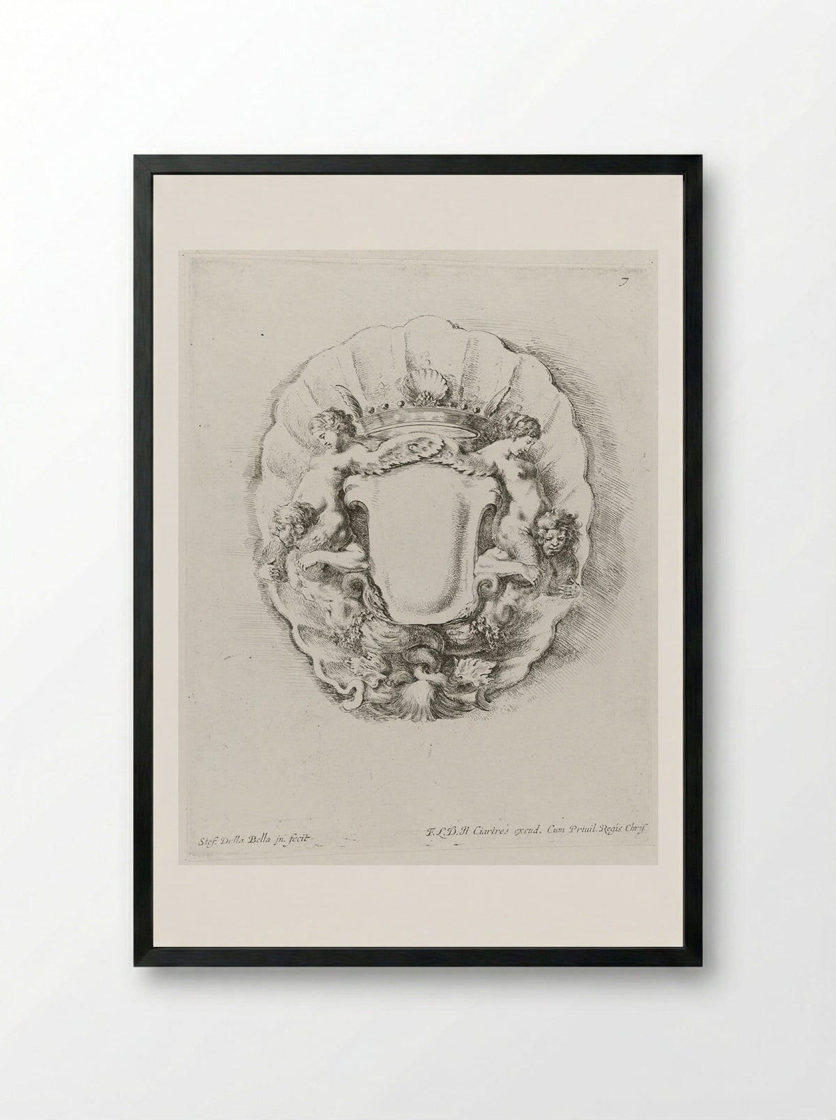 Tritons and Nereids in a Scallop Shell, with a Crown - Stefano Della Bella - Framed Print Black