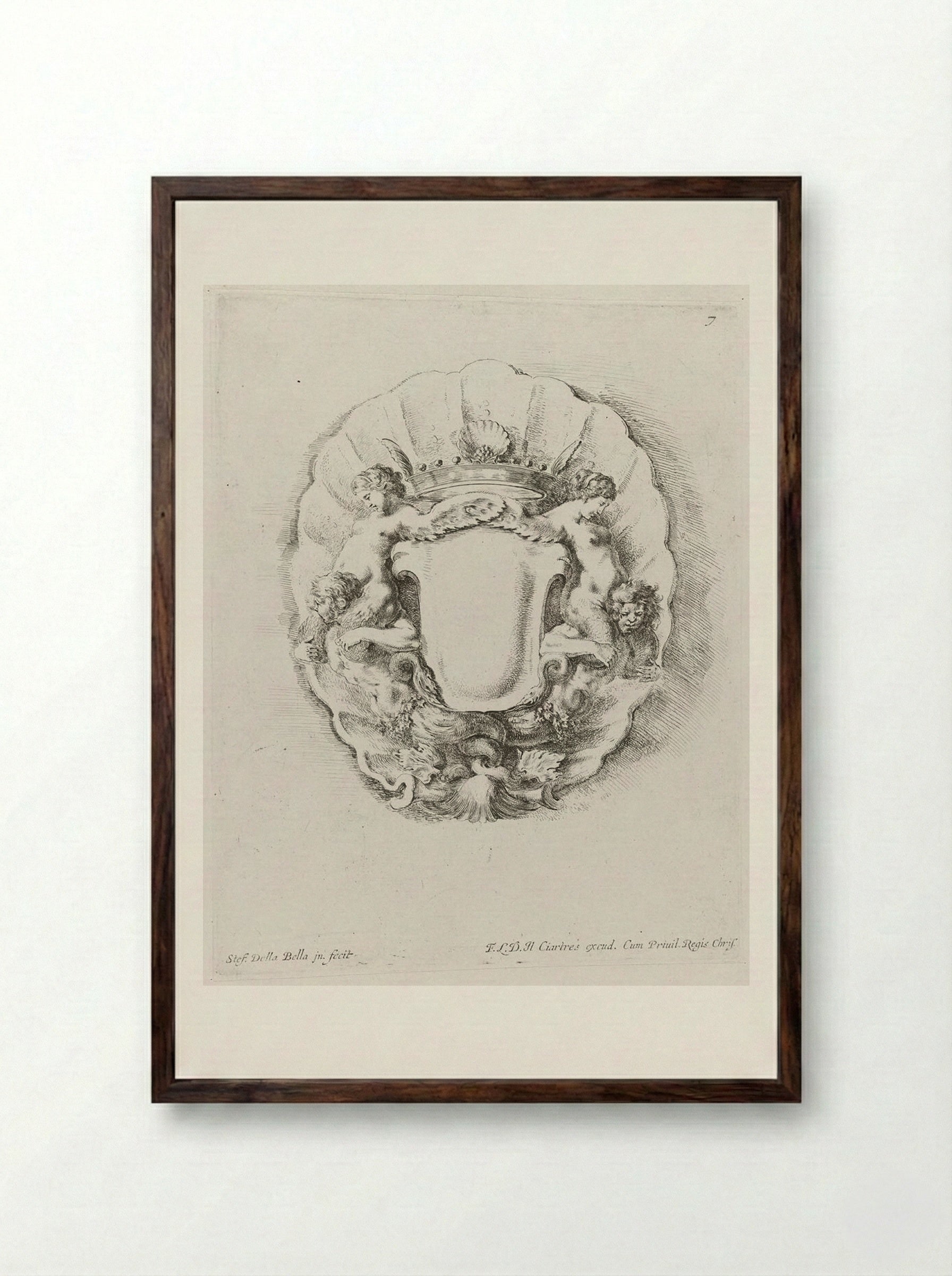Tritons and Nereids in a Scallop Shell, with a Crown - Stefano Della Bella - Framed Print Dark Wood