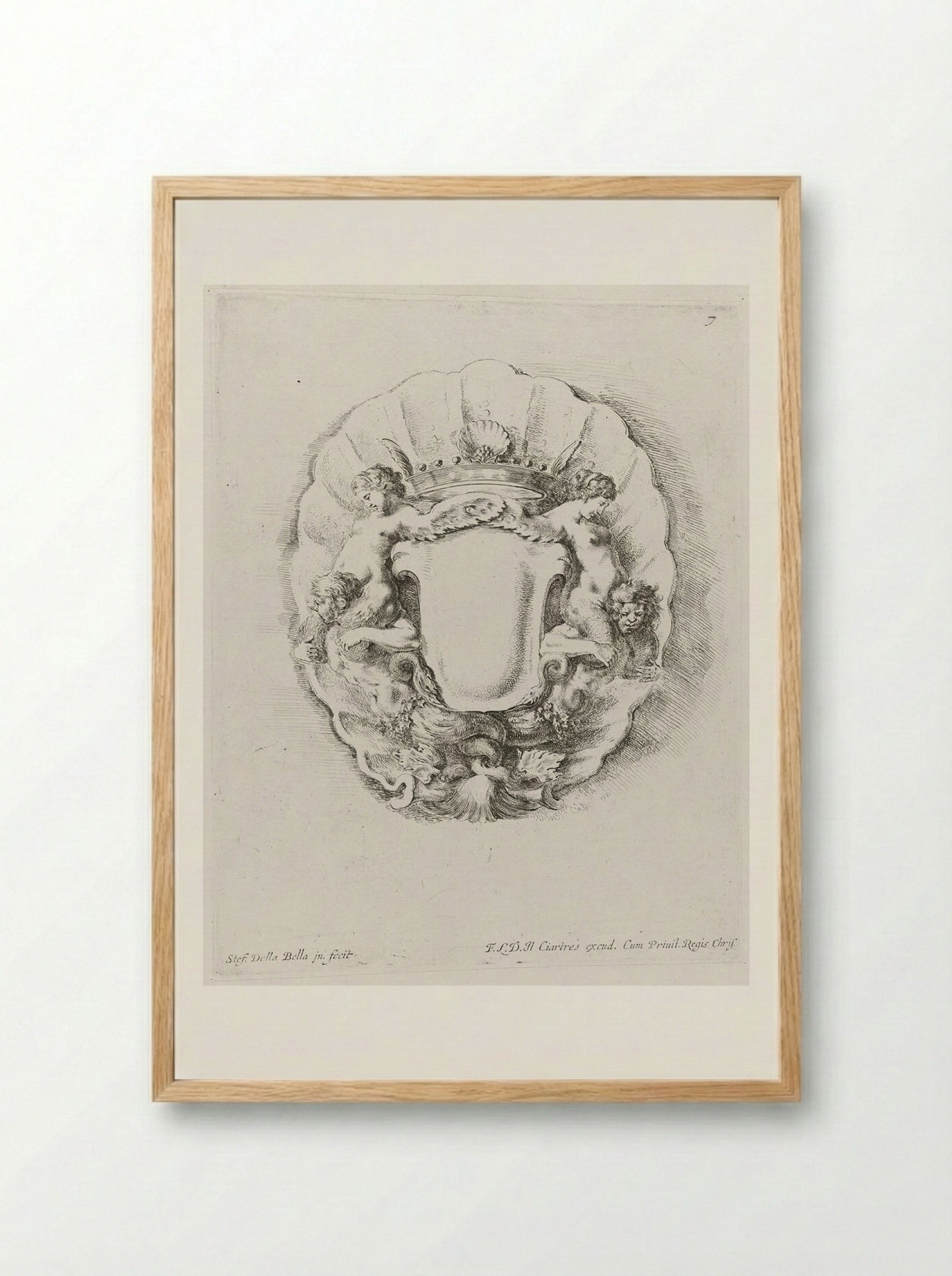 Tritons and Nereids in a Scallop Shell, with a Crown - Stefano Della Bella - Framed Print Wood