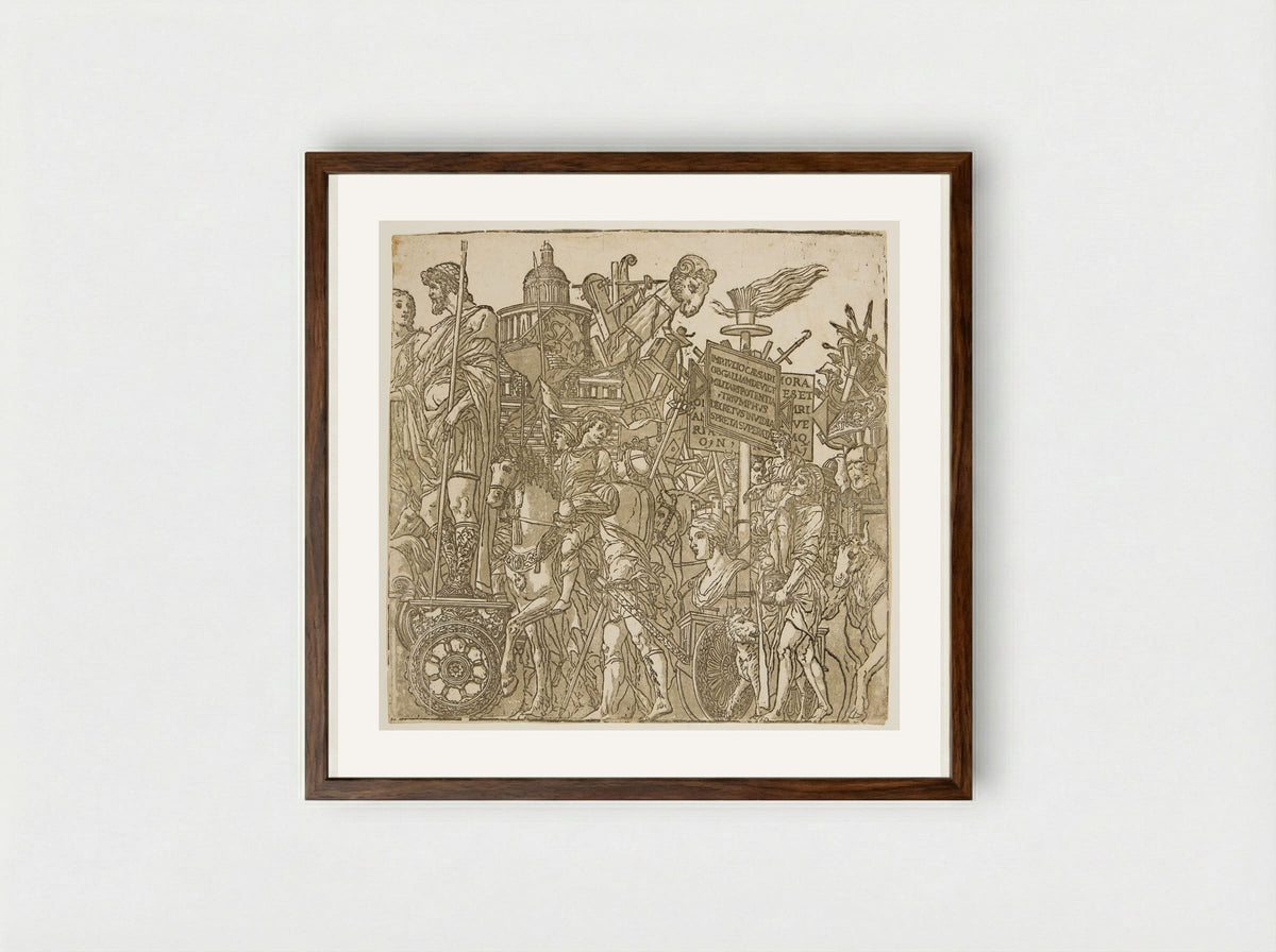 Triumph with a Chariot and Men Carrying a Statue - Andrea Andreani - Framed Print Dark Wood