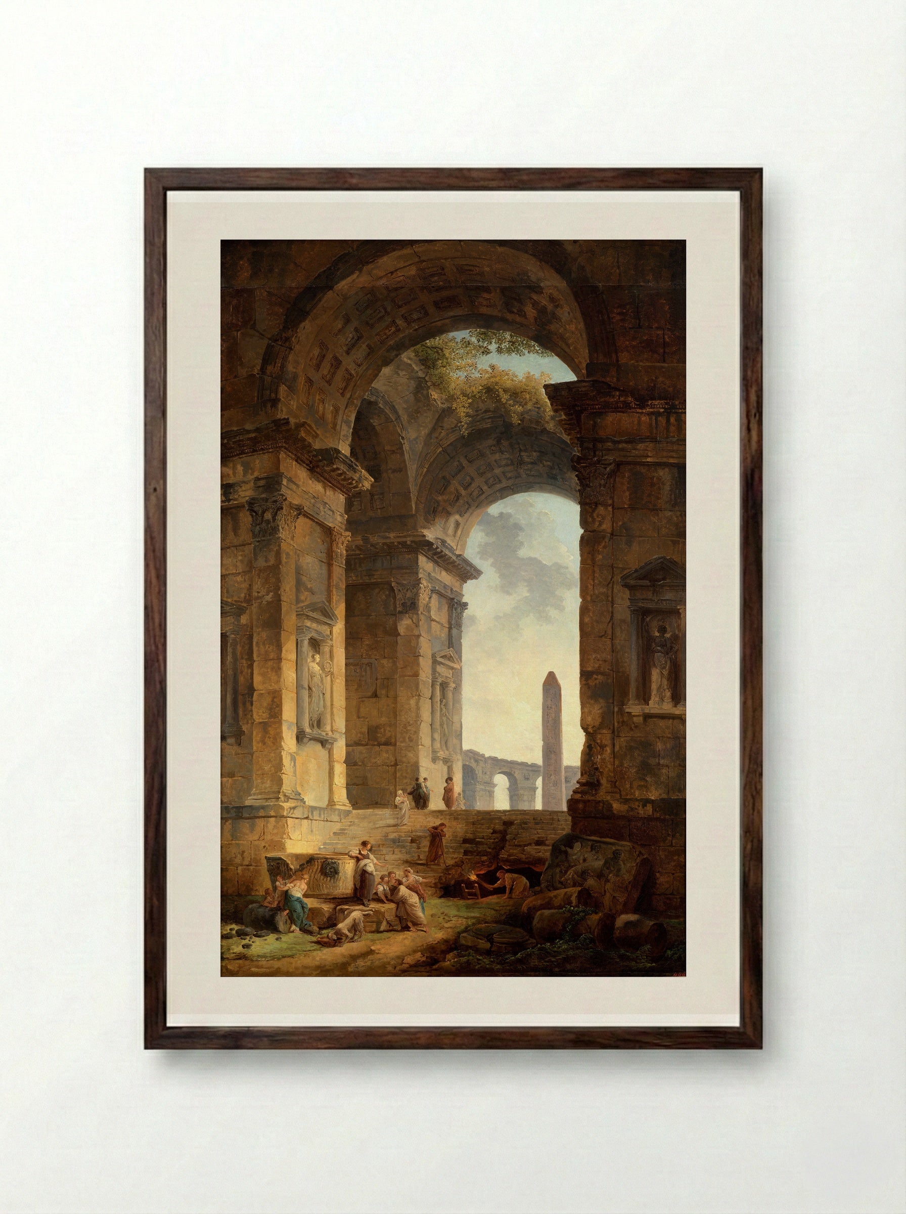 Triumphal Arch and Ruins with the Pantheon in the Distance - Hubert Robert - Framed Print Dark Wood