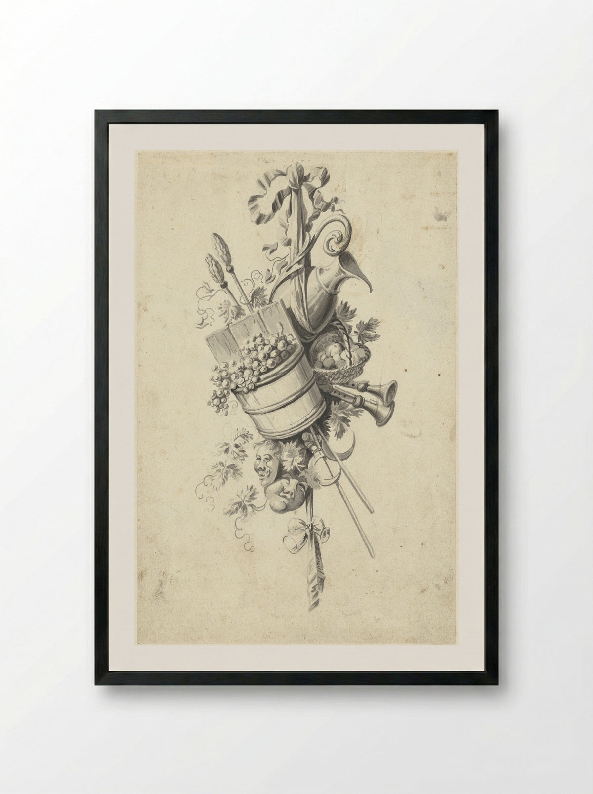 Trofee met attributen van de wijnoogst - Cornelis de Kruyff - Framed Print Black