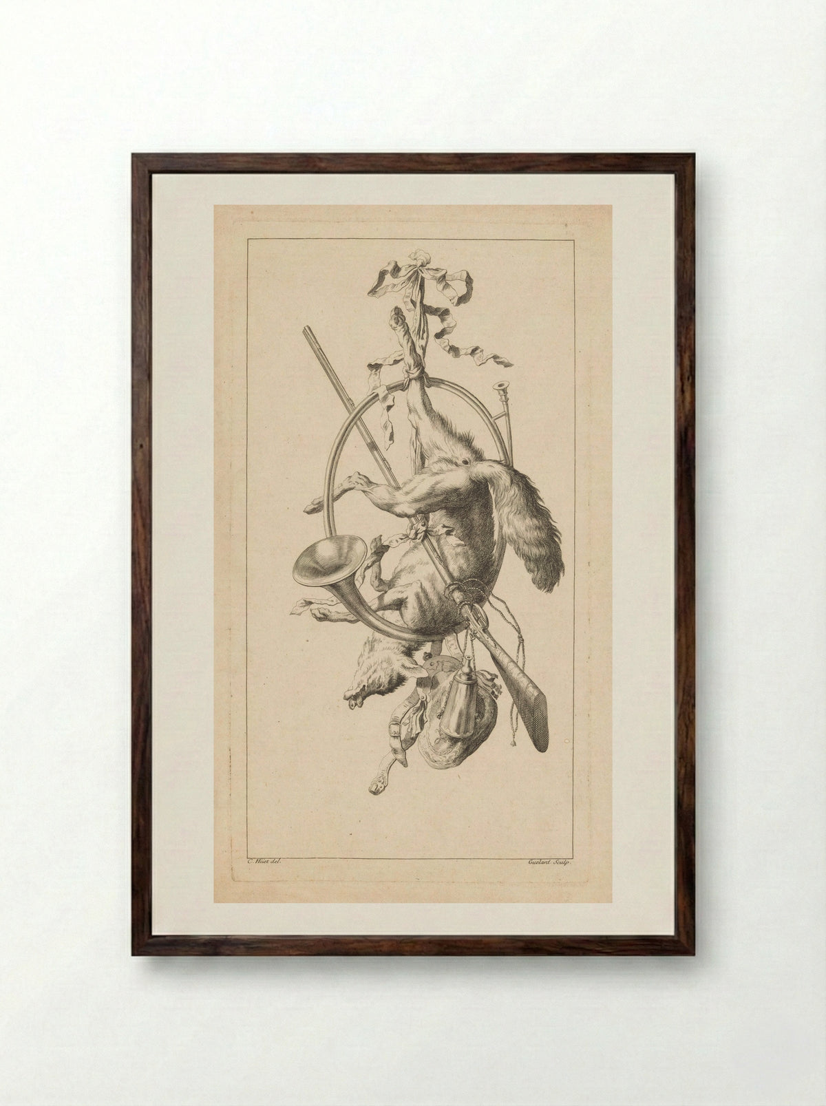 Trofee met vos en jachthoorn - Jacques Chéreau - Framed Print Dark Wood