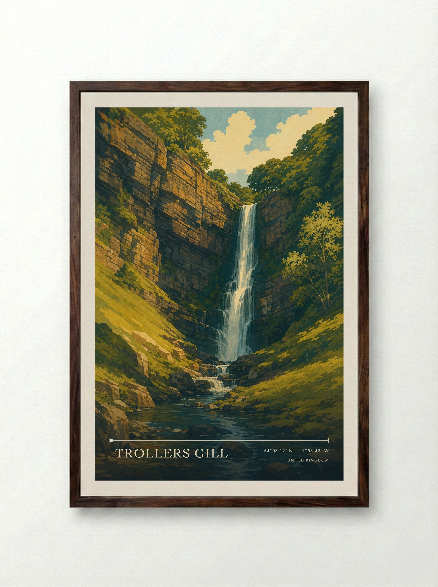 Trollers Gill United Kingdom Travel Poster - Framed Print Dark Wood
