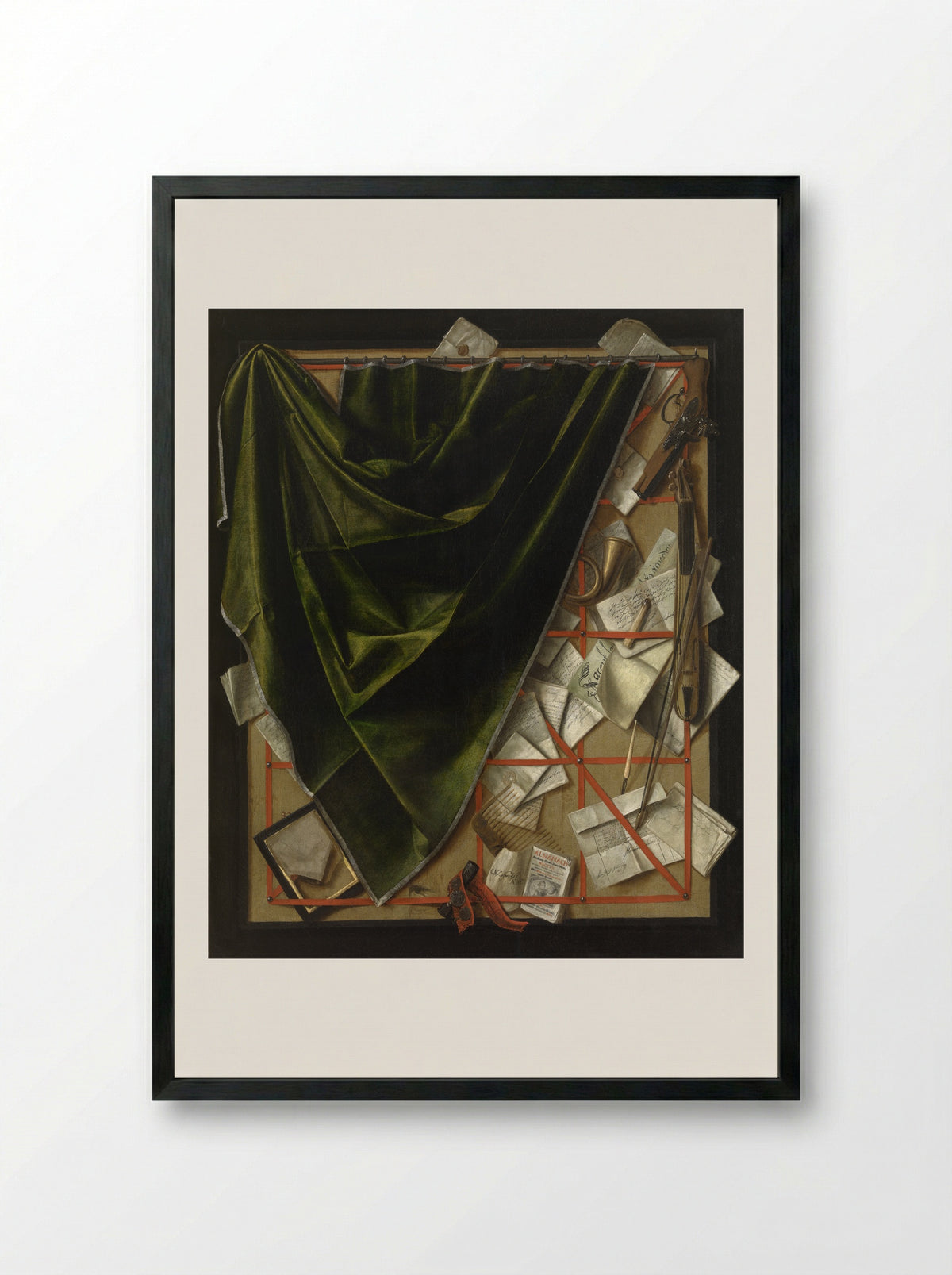 Trompe l'oeil with Letter Rack and Curtain - Cornelis Norbertus Gysbrechts - Framed Print Black
