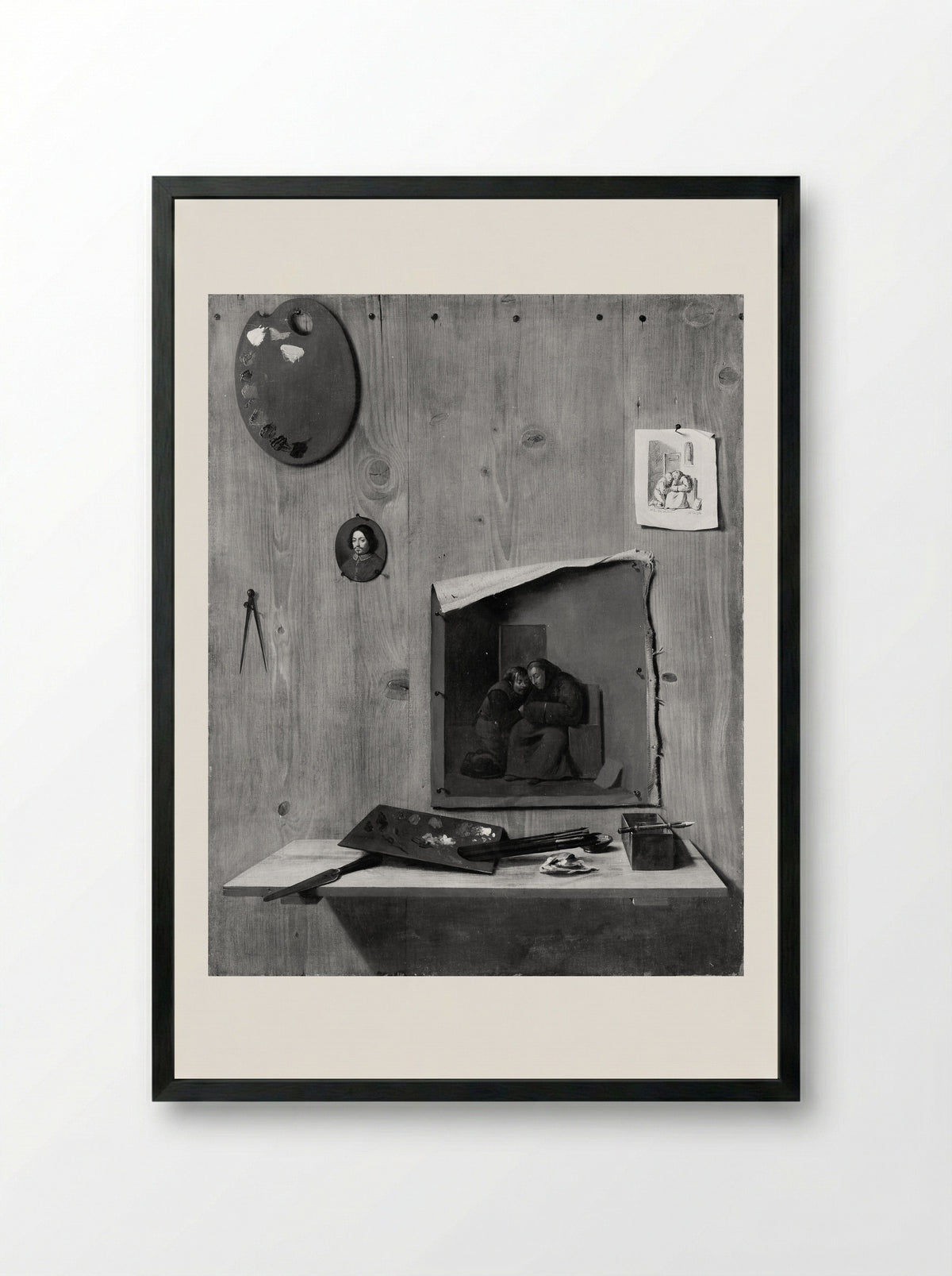 Trompe l'oeil with Palettes and Miniature - Jean François de Le Motte - Framed Print Black