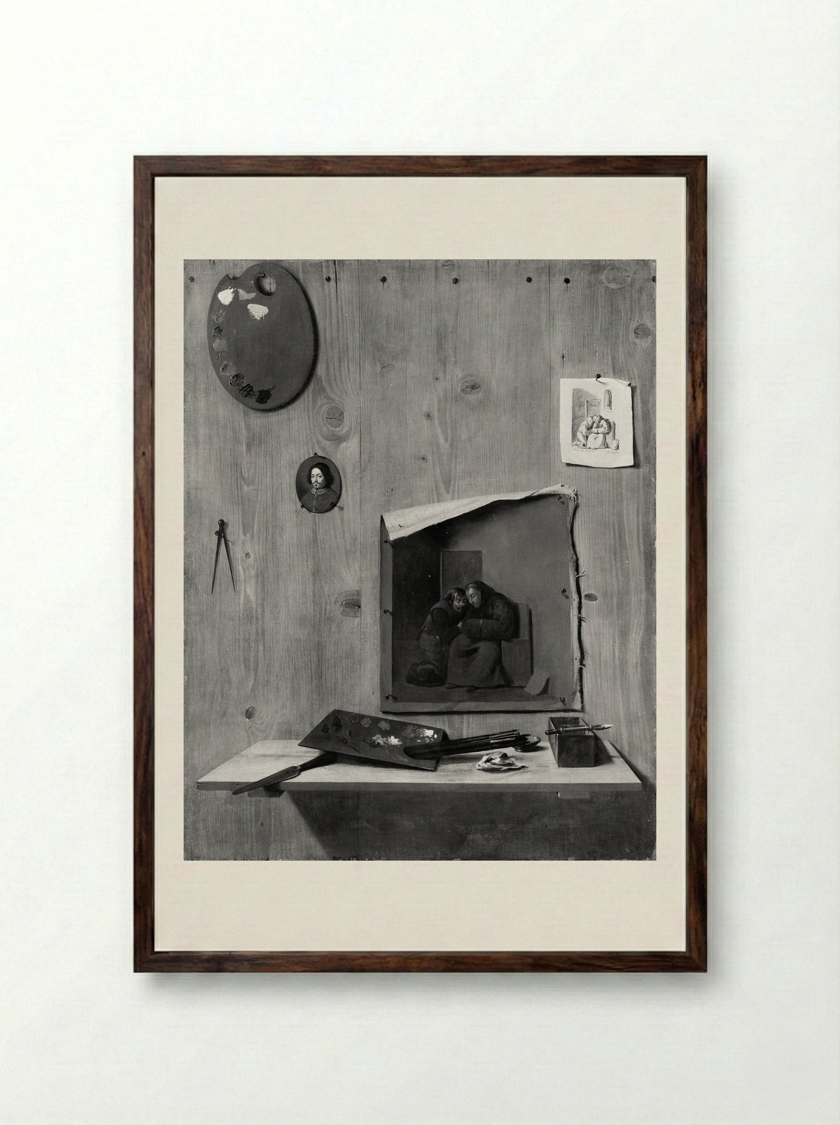 Trompe l'oeil with Palettes and Miniature - Jean François de Le Motte - Framed Print Dark Wood