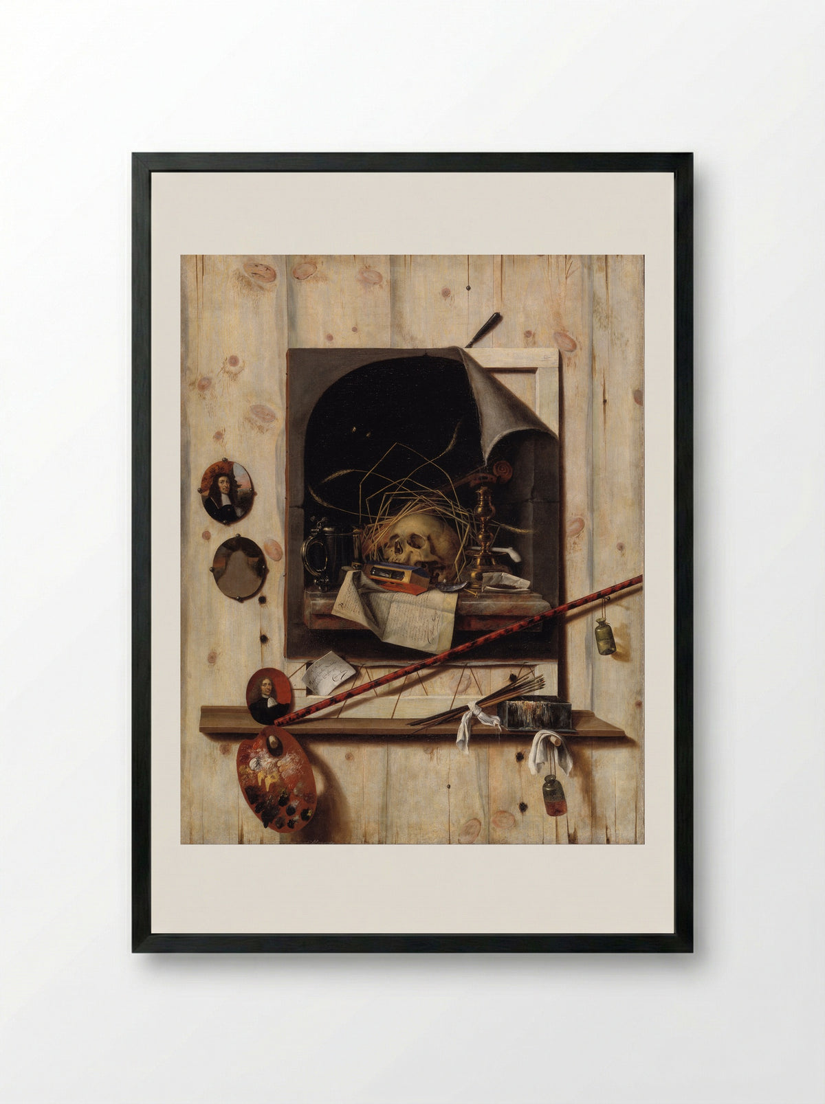 Trompe l'oeil with Studio Wall and Vanitas Still Life - Cornelis Norbertus Gysbrechts - Framed Print Black