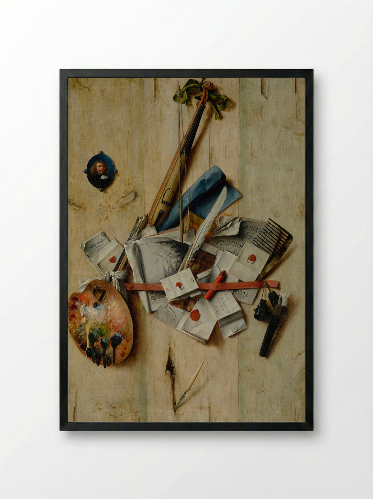 Trompe l'oeil with violin, painter's implements and self-portrait - Cornelis Norbertus Gysbrechts - Framed Print Black