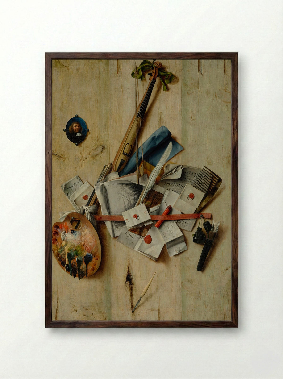 Trompe l'oeil with violin, painter's implements and self-portrait - Cornelis Norbertus Gysbrechts - Framed Print Dark Wood