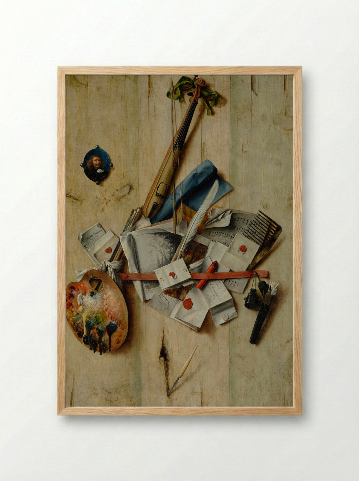 Trompe l'oeil with violin, painter's implements and self-portrait - Cornelis Norbertus Gysbrechts - Framed Print Wood